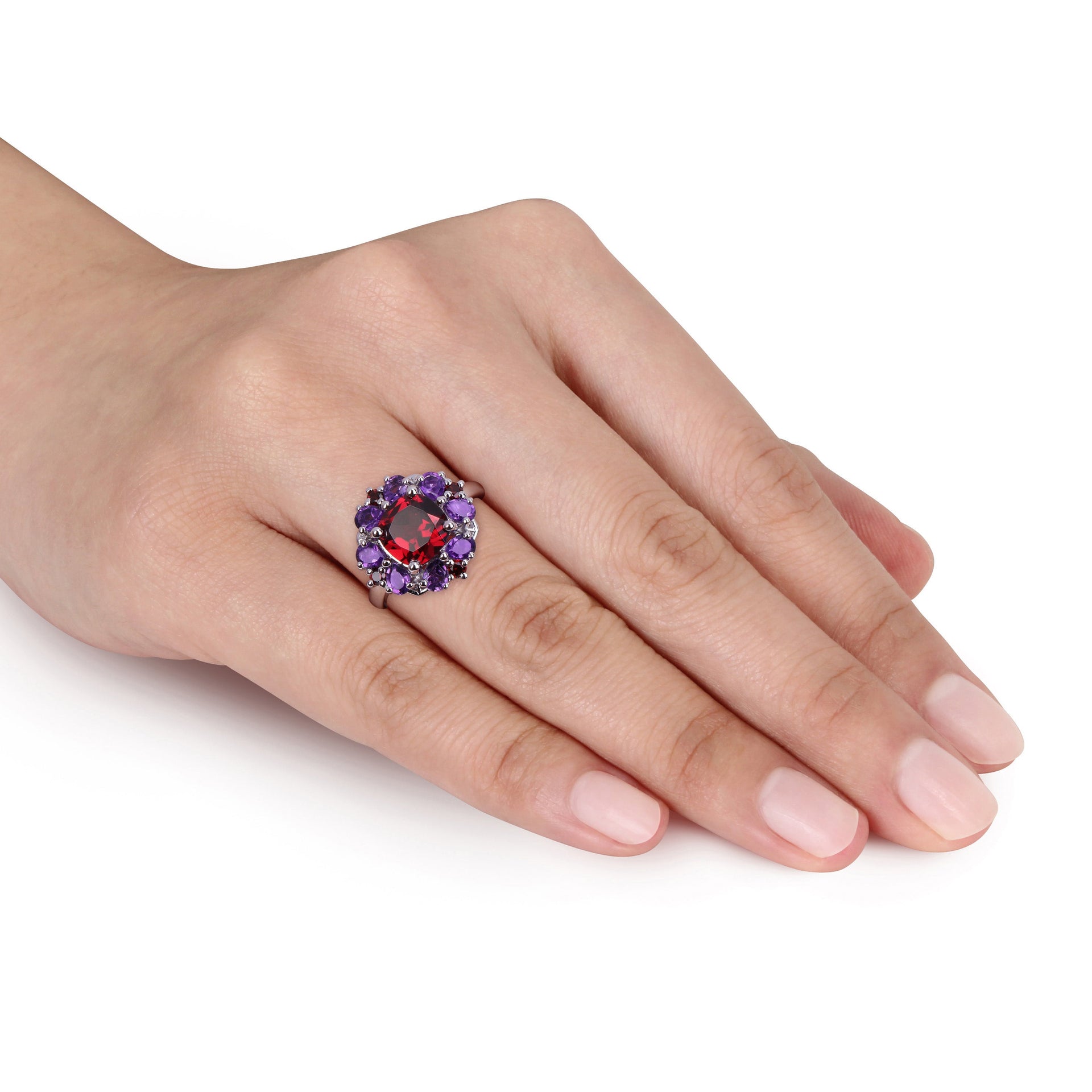 4 2/5ct TW Garnet and African Amethyst Quatrefoil Floral Ring in Sterling Silver