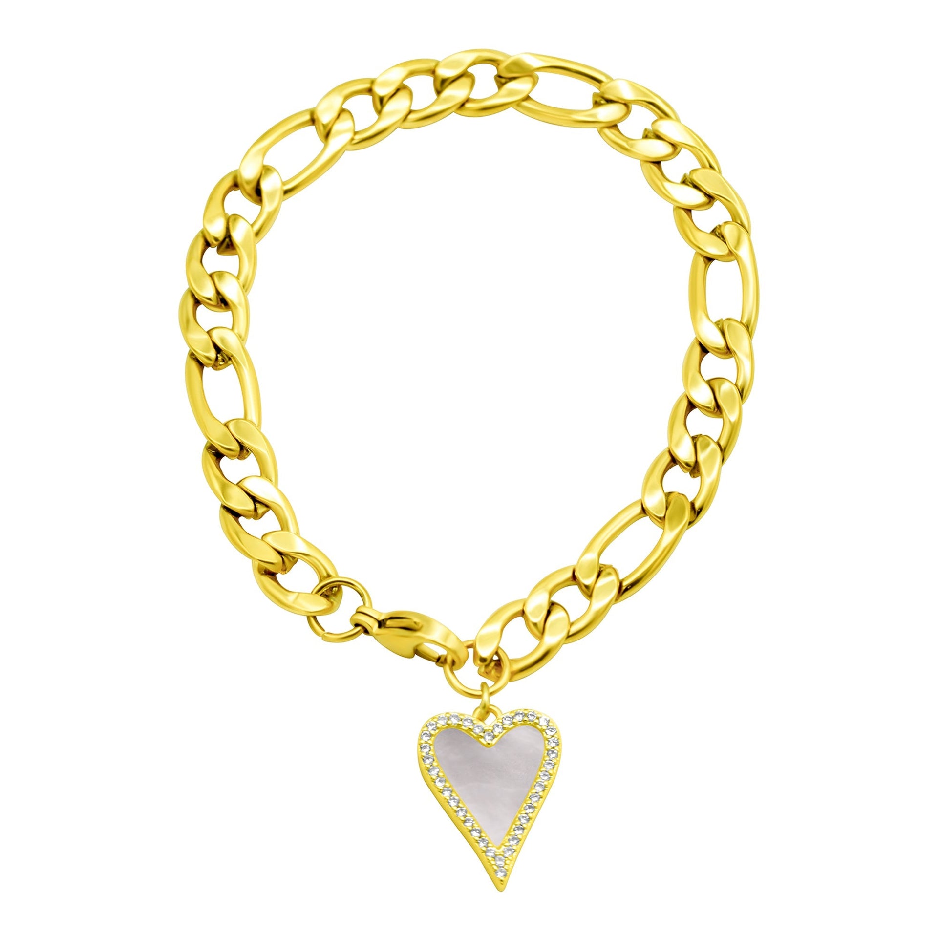 Tarnish Resistant 14K Gold Plated Stainless Steel Figaro Bracelet With Crystal Halo Mother-of-Pearl Heart