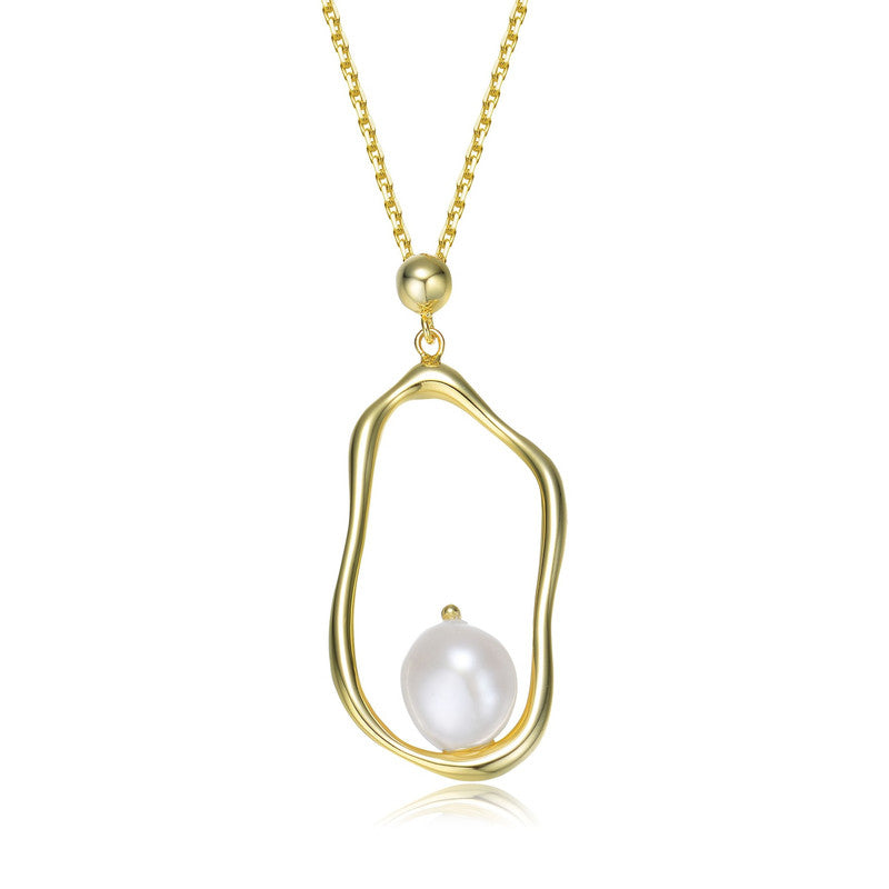Sterling Silver 14k Gold Plating with Genuine Freshwater Pearl Halo Pendant Necklace