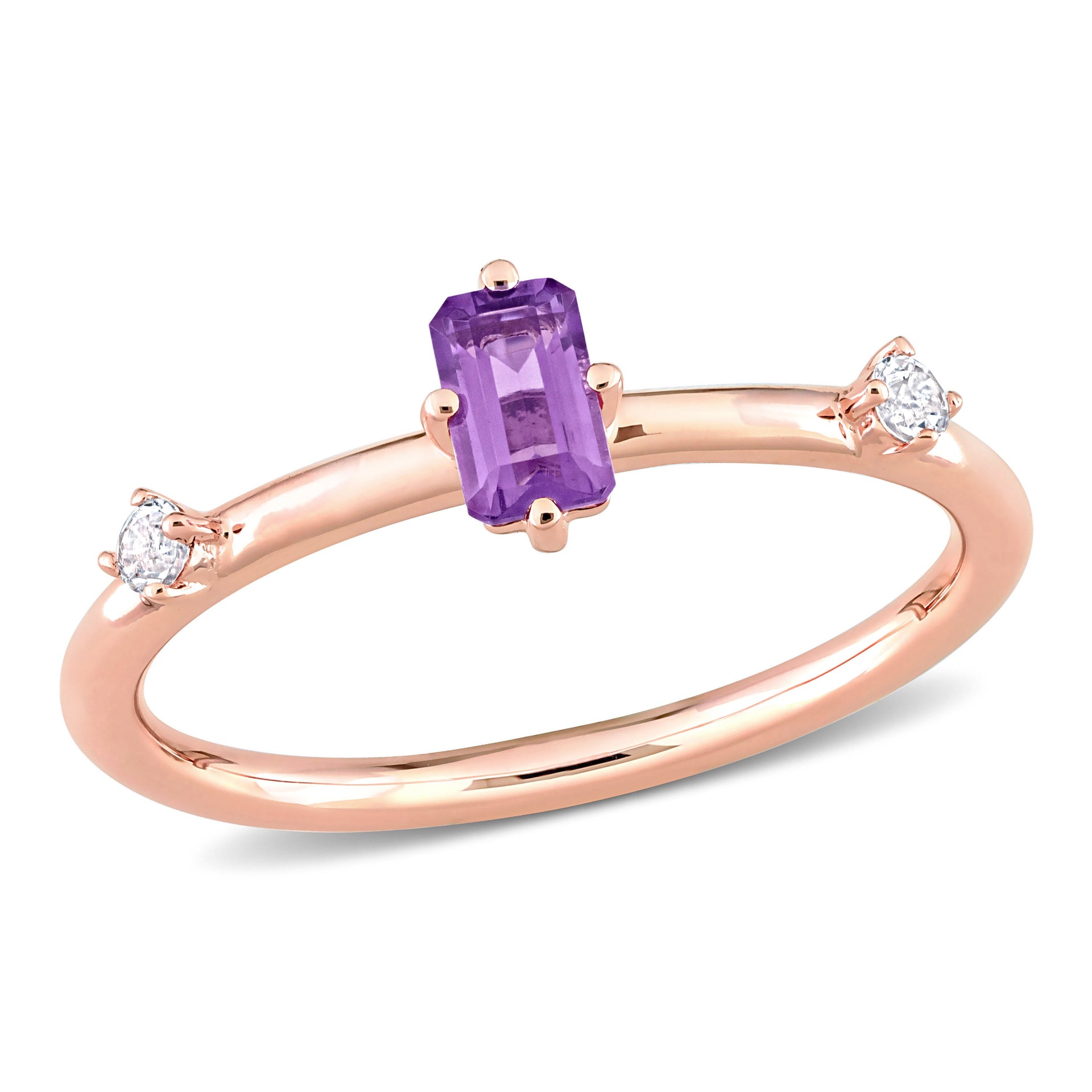 2/5 CT TGW Emerald-Cut Amethyst and White Topaz Stackable Ring in 10k Rose Gold