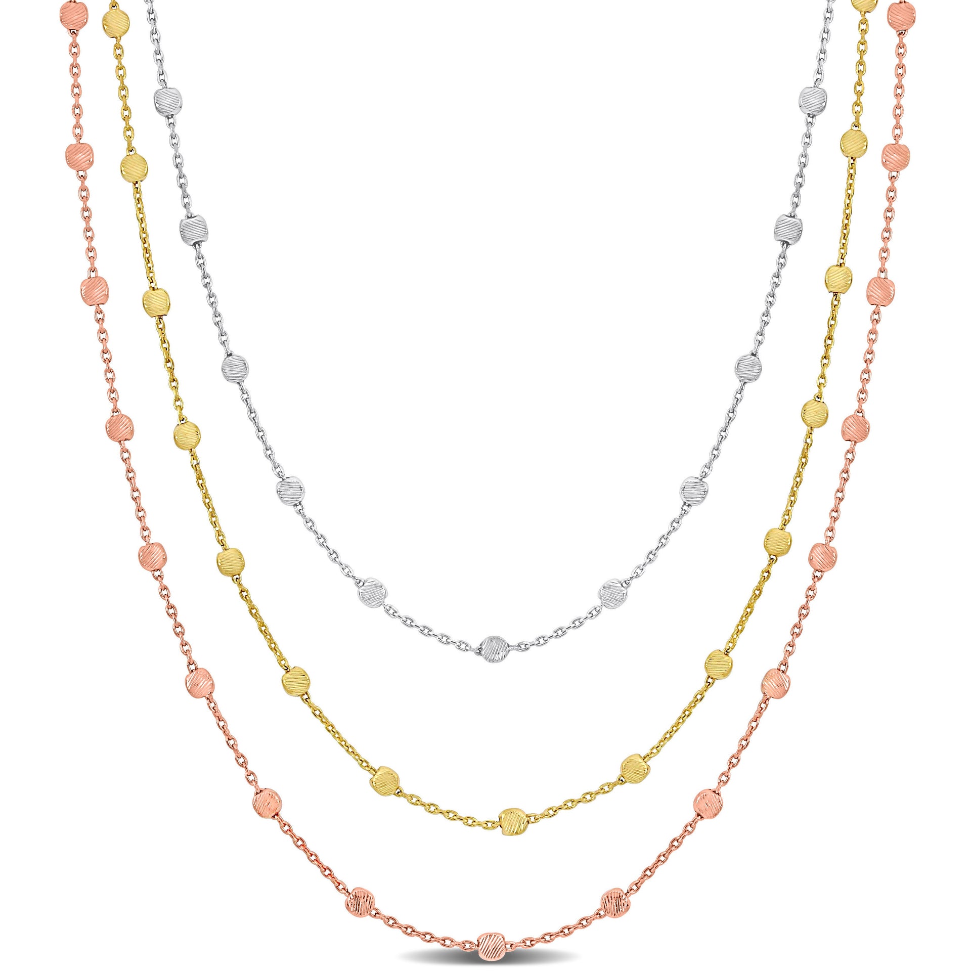 Mimi & Max 3-Strand Ball Station Necklace in 3-Tone Rose Yellow and White Sterling Silver - 16+2 in
