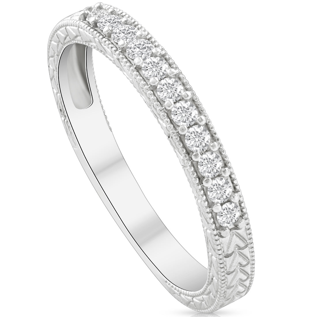 1/4ct Vintage Diamond Hand Engraved Wedding Anniversary Ring 14K White Gold