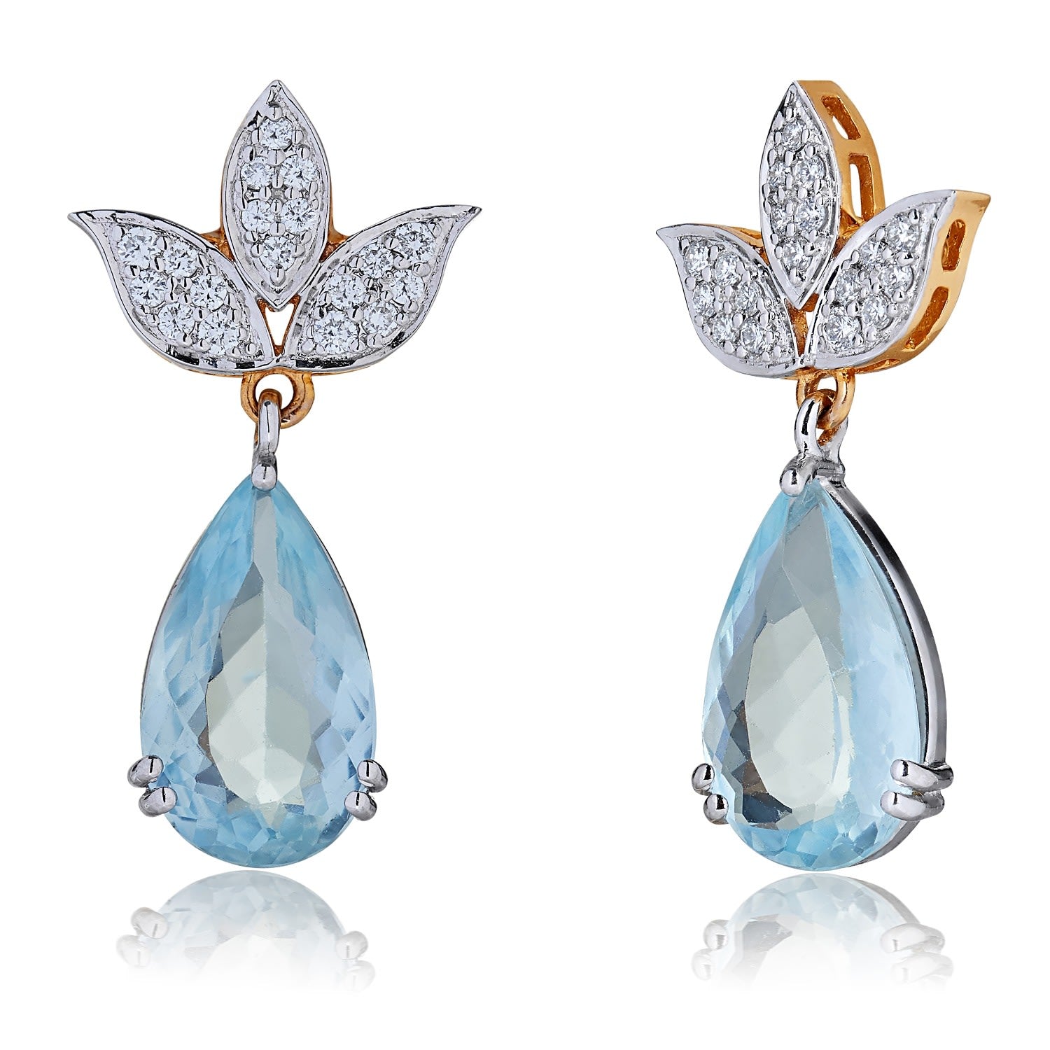 Aquamarine Drops & Lotus Diamond Earrings In Yellow & White Gold