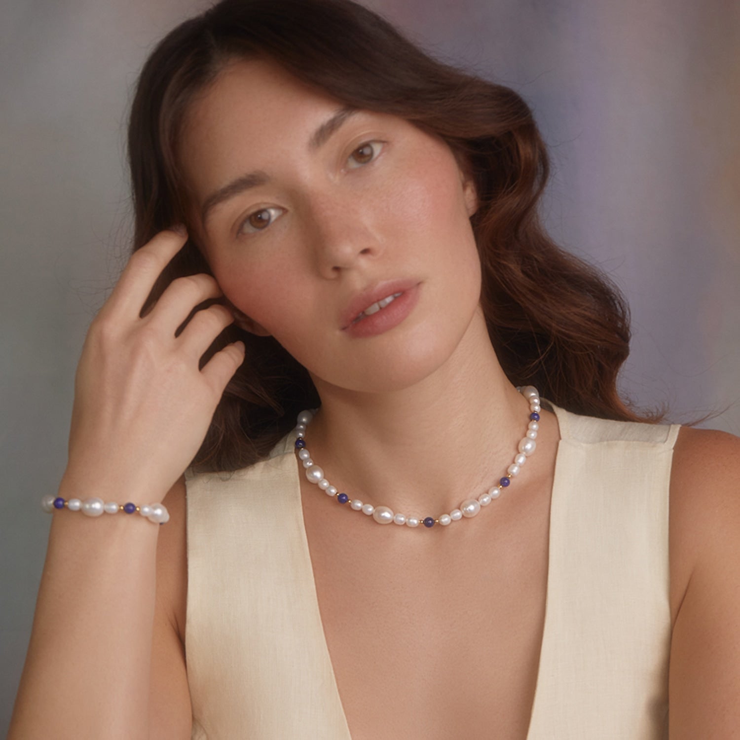 Bianca Gold-Plated Pearl And Lapis Necklace