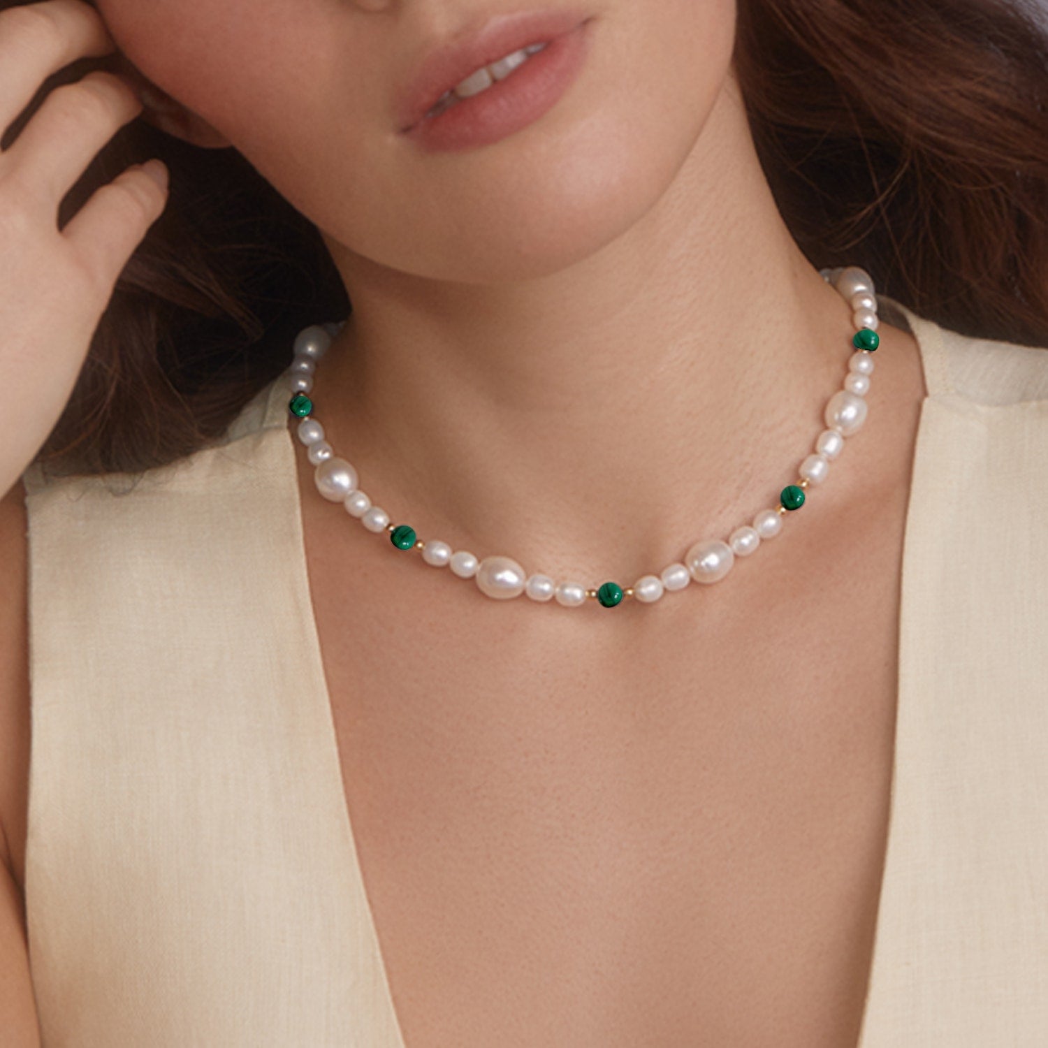 Bianca Gold-Plated Pearl And Malachite Necklace