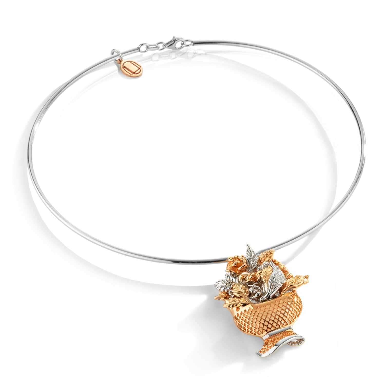 Bicolor Fiona Choker In Sterling Silver With Rose Gold Plating – Rigid Necklace With Sculpted Rose Basket Pendant, Elegant Handmade Jewelry For Women