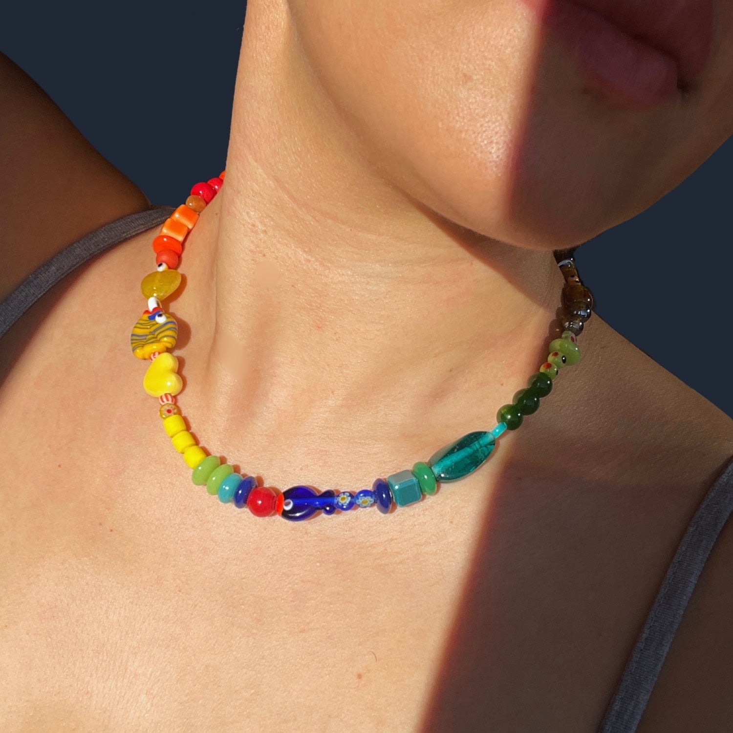 Big Fish Small Fish - Handmade Colorful Glass Necklace With Dual Murano Fish Figures