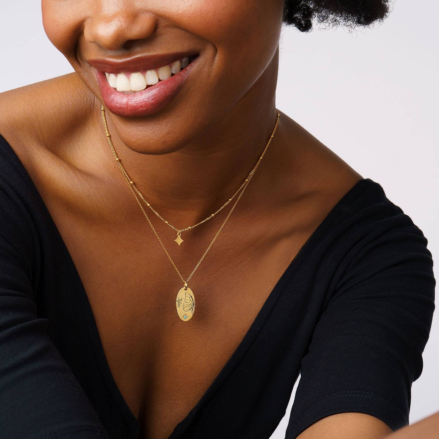 Birth Butterfly & Stone Layered Necklace in 18K Gold Plating