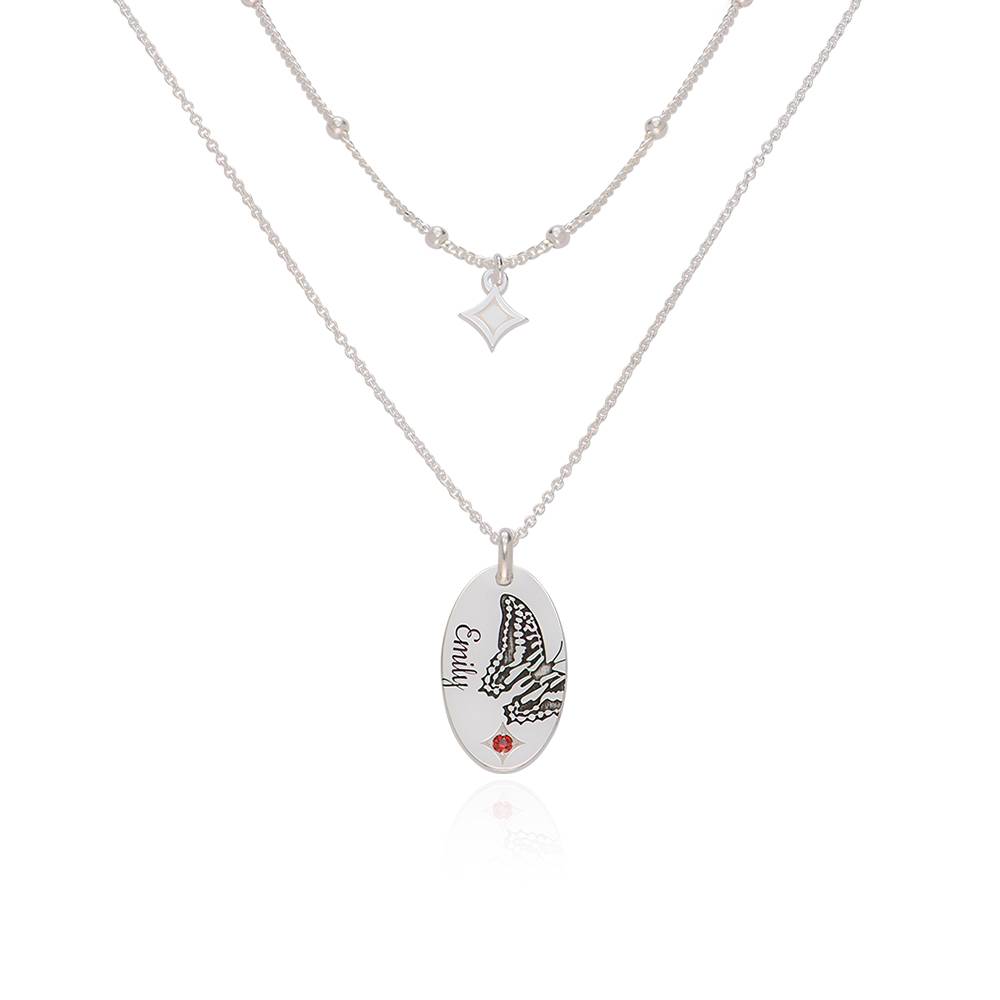Birth Butterfly & Stone Layered Necklace in Silver