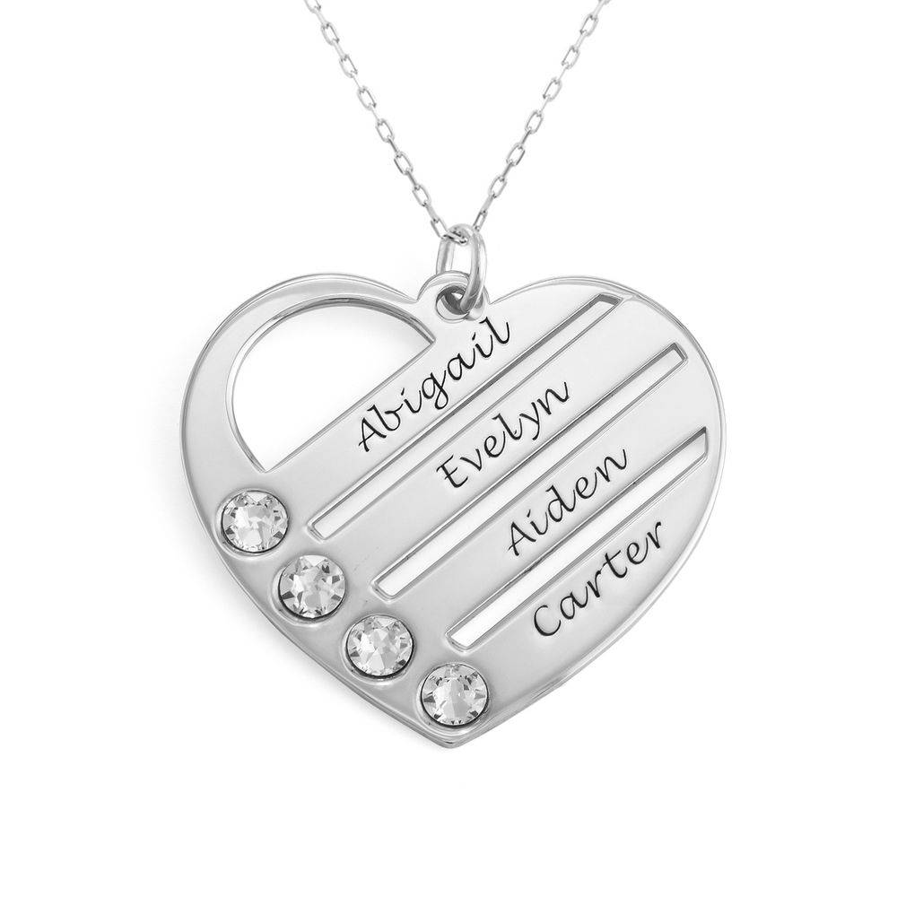 Birthstone Heart Necklace with Engraved Names in 10k White Gold