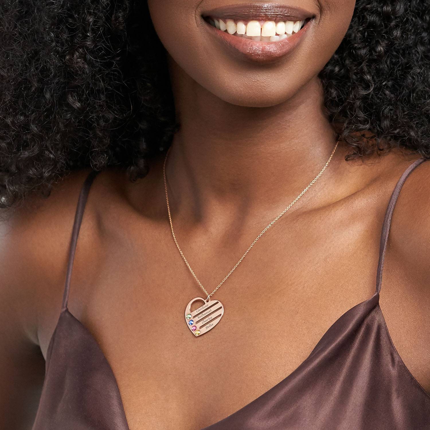 Birthstone Heart Necklace with Engraved Names - Rose Gold Plated