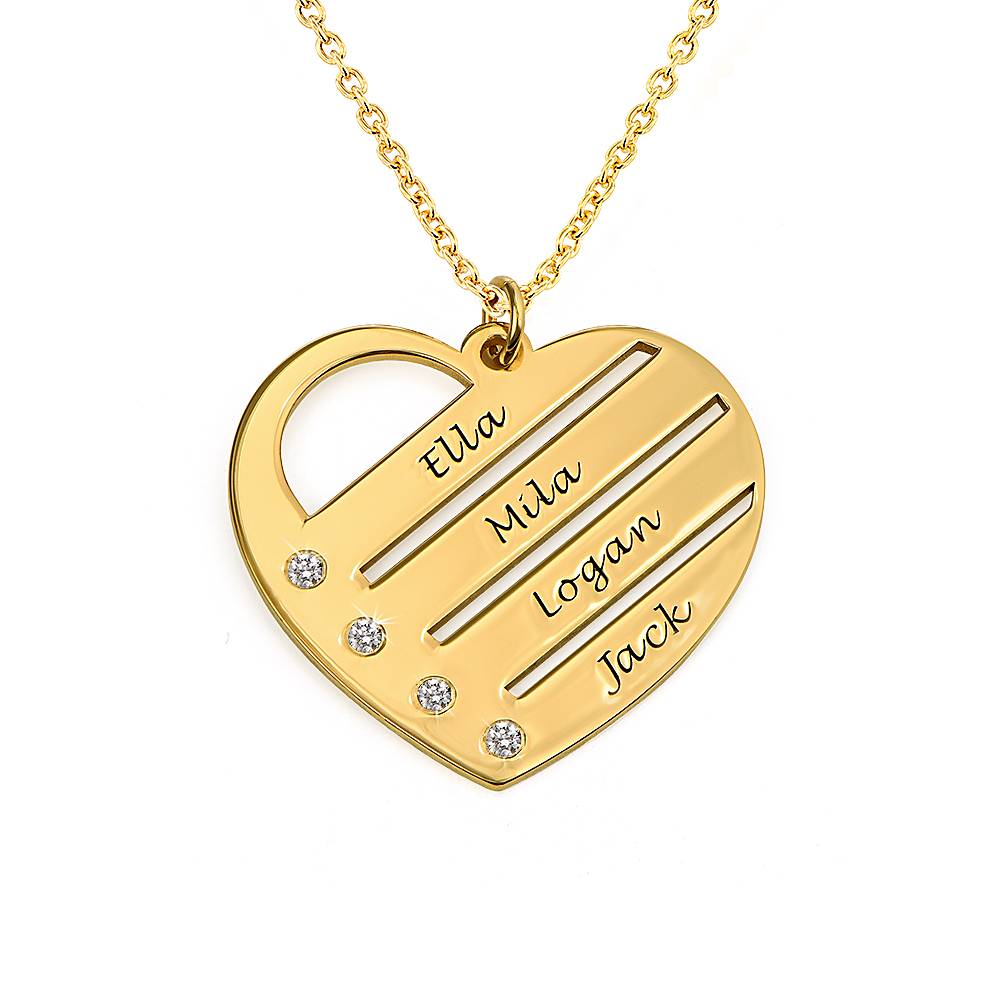 Birthstone Heart Necklace with Engraved Names with Diamond in Gold Plating