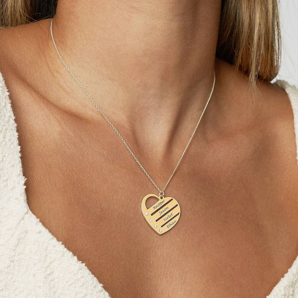 Birthstone Heart Necklace with Engraved Names with Diamond in Gold Vermeil
