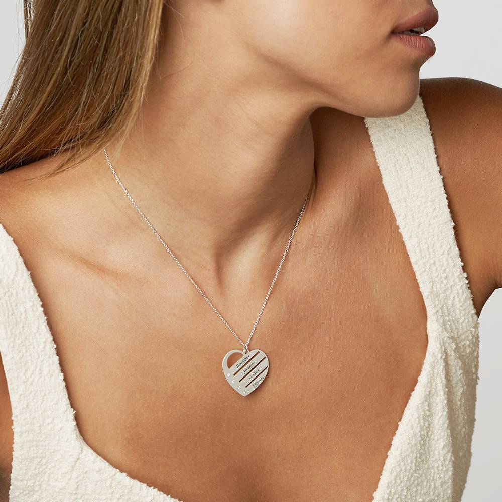 Birthstone Heart Necklace with Engraved Names with Diamond in Sterling Silver