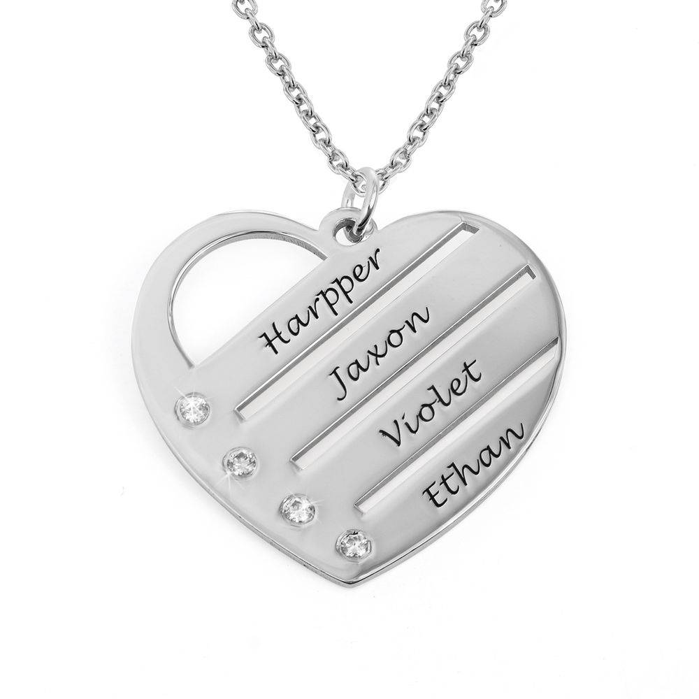 Birthstone Heart Necklace with Engraved Names with Diamond in Sterling Silver
