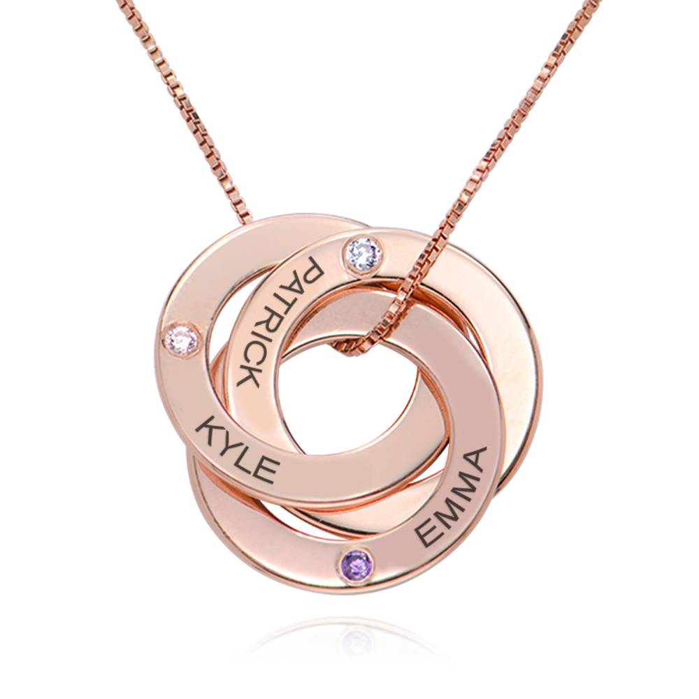 Birthstone Russian Ring Necklace with 3 Rings in 18K Rose Gold Plating