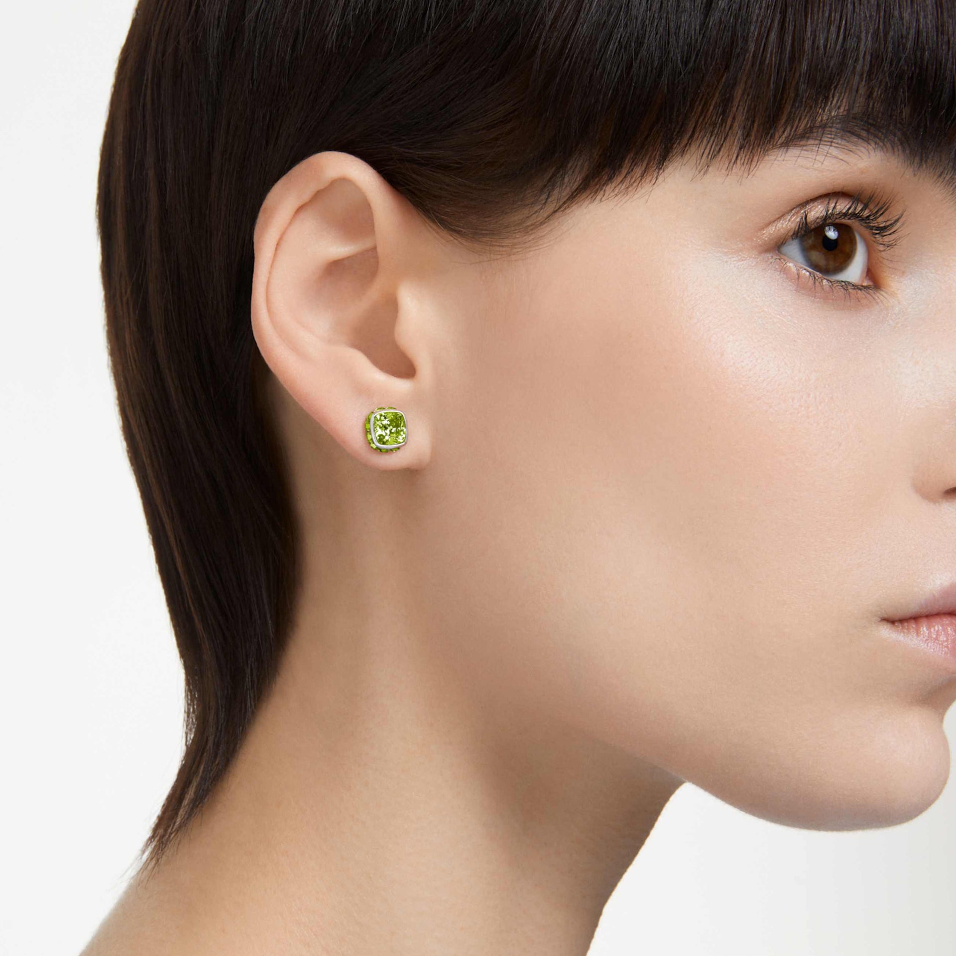 BIRTHSTONE STUD EARRINGS SQUARE CUT AUGUST GREEN RHODIUM PLATED