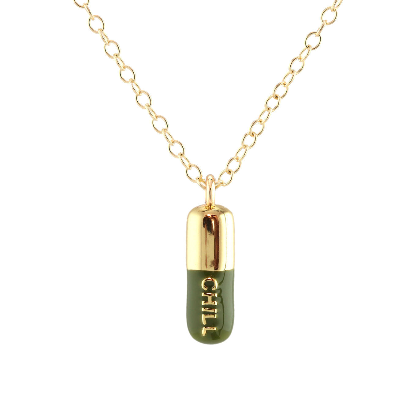 Chill Pill Enamel Necklace Gold Filled & Olive Green Enamel