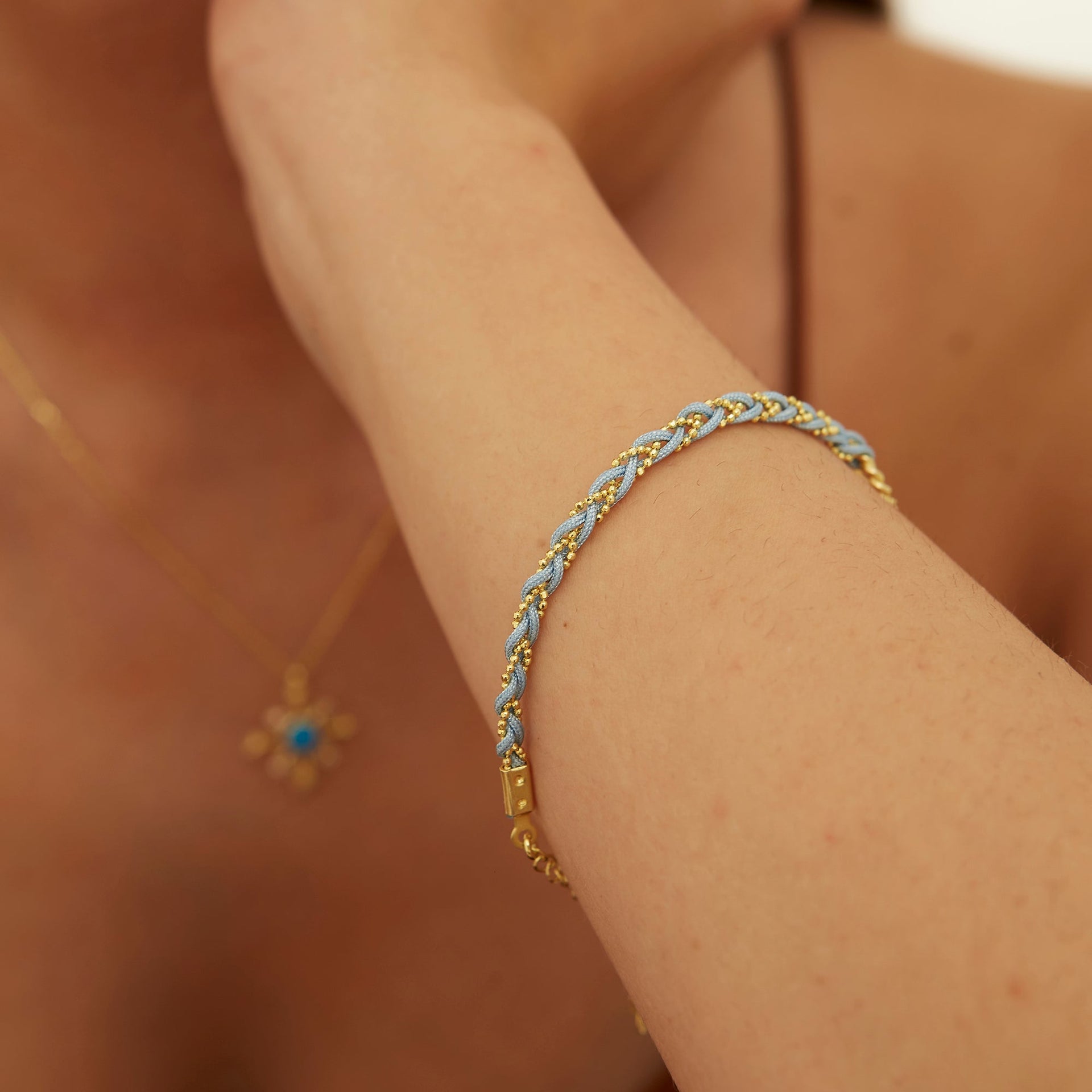 Handmade Rope Braided Sterling Silver Beaded Chain Bracelet - Blue