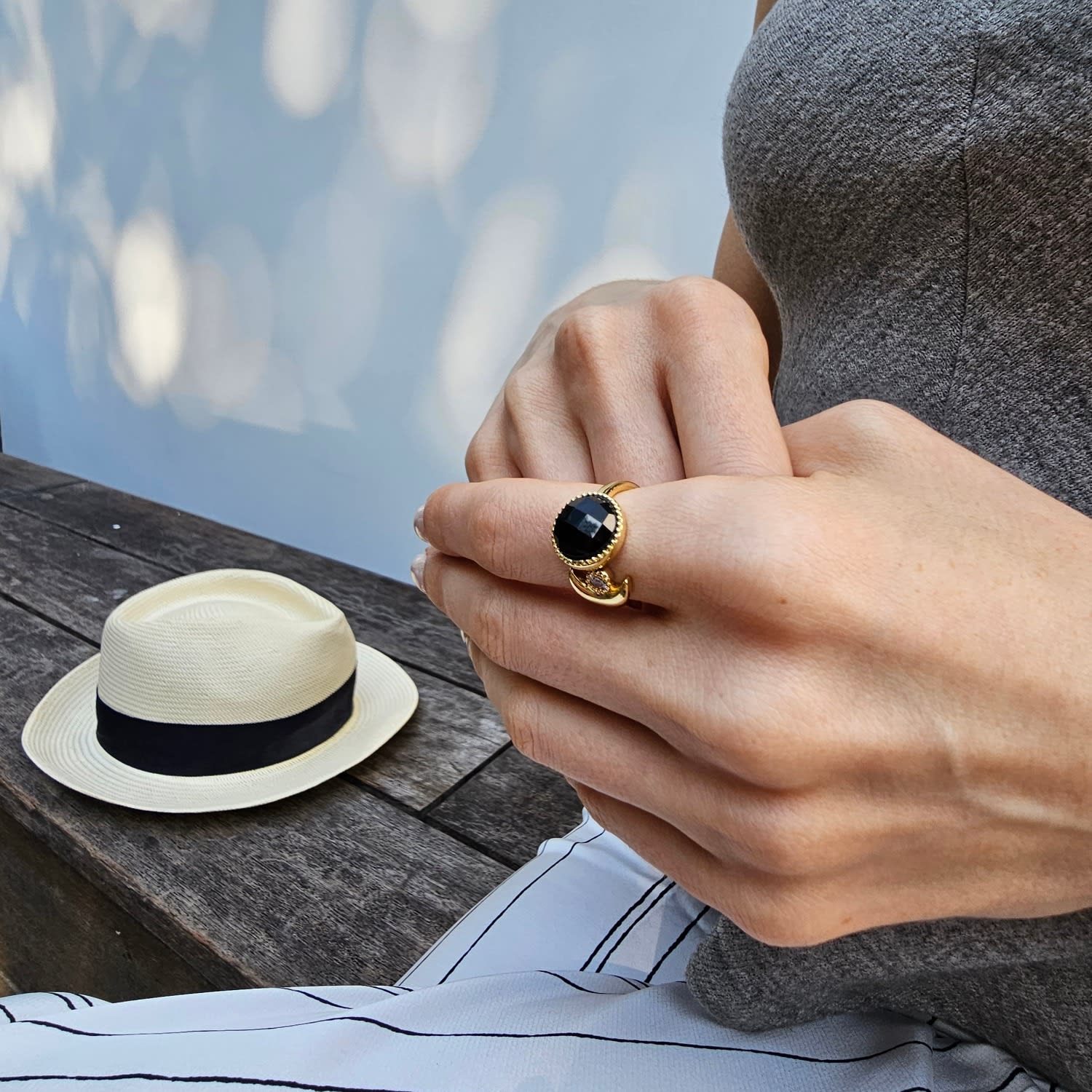 Black Agate And Zircon Open Ring