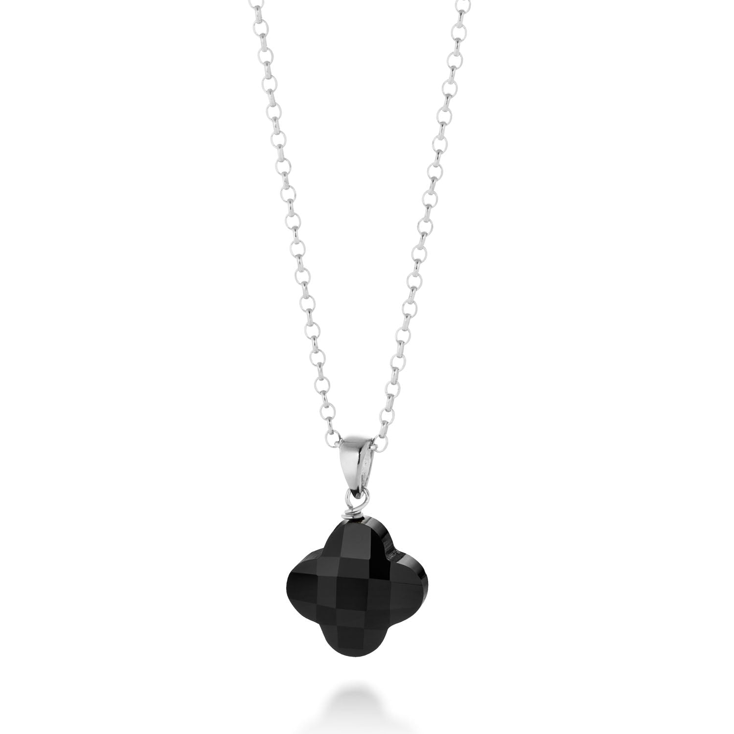 Black Agate Gem Clover Necklace Sterling Silver
