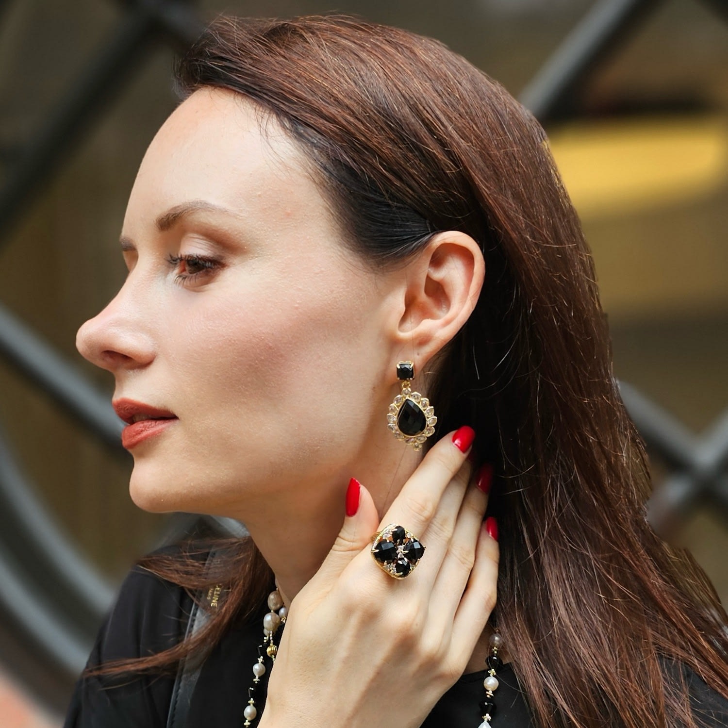 Black Agate Settings Statement Earrings