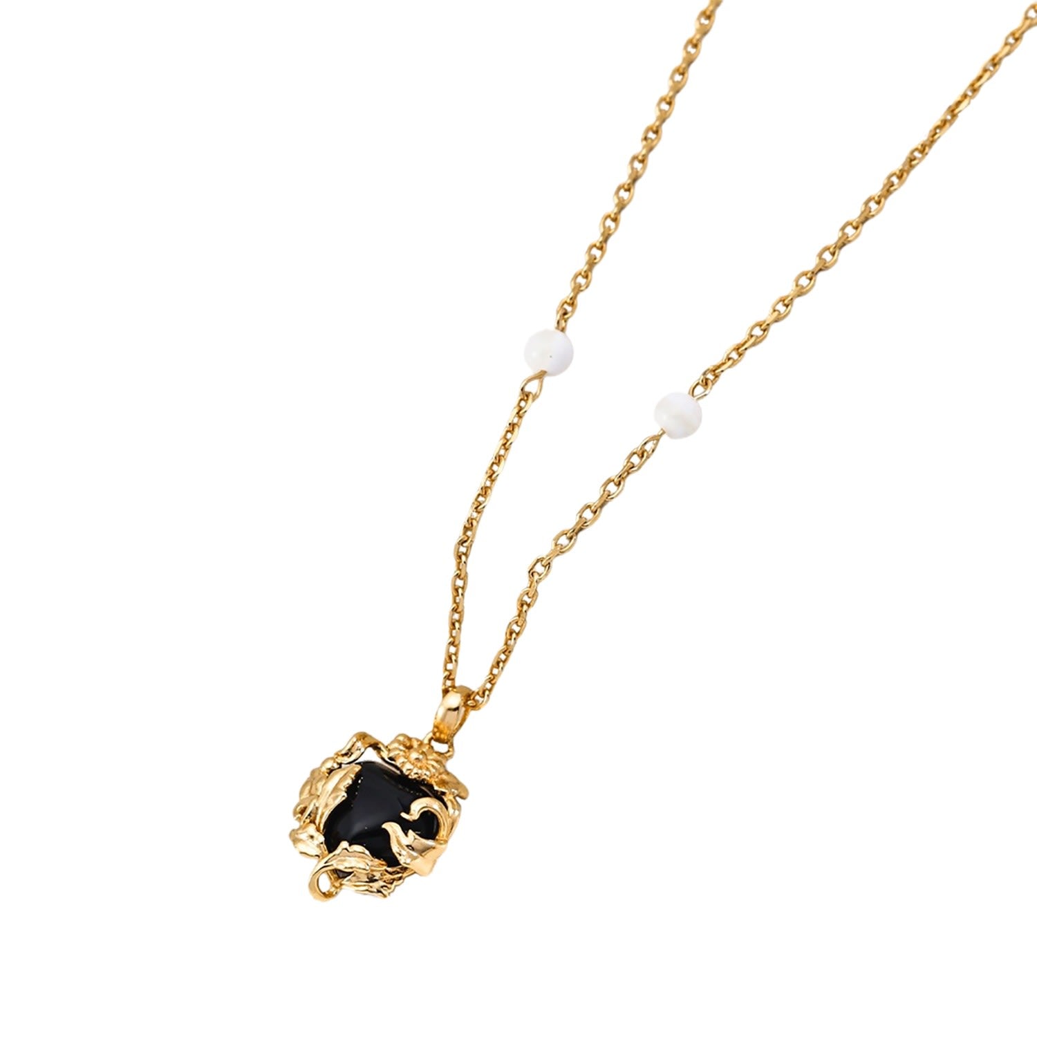 Black Agate With Vine Pendant Gold Plated Silver Necklace
