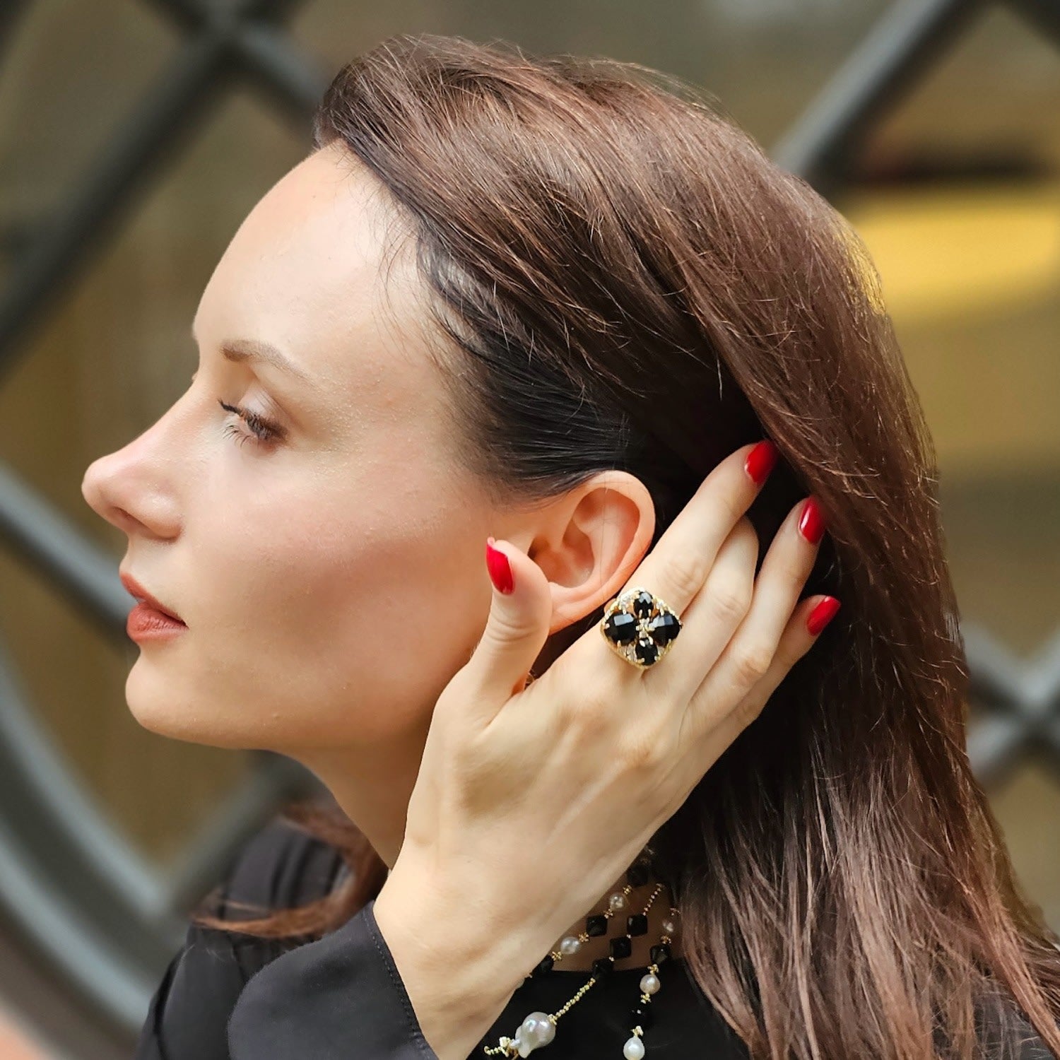 Black Agate With Zircon Statement Adjustable Ring
