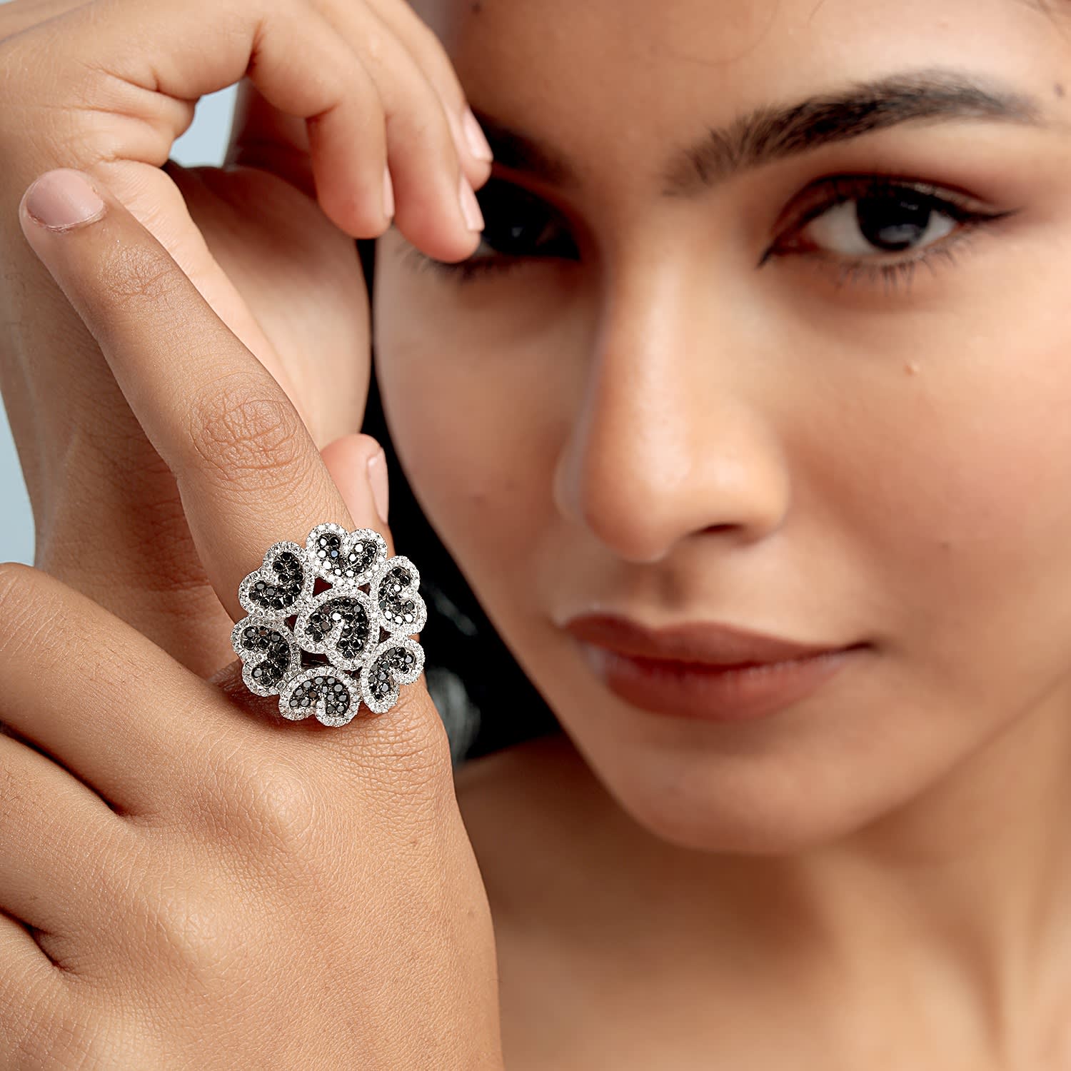 Black And White Diamond Long Cocktail Ring In White Gold