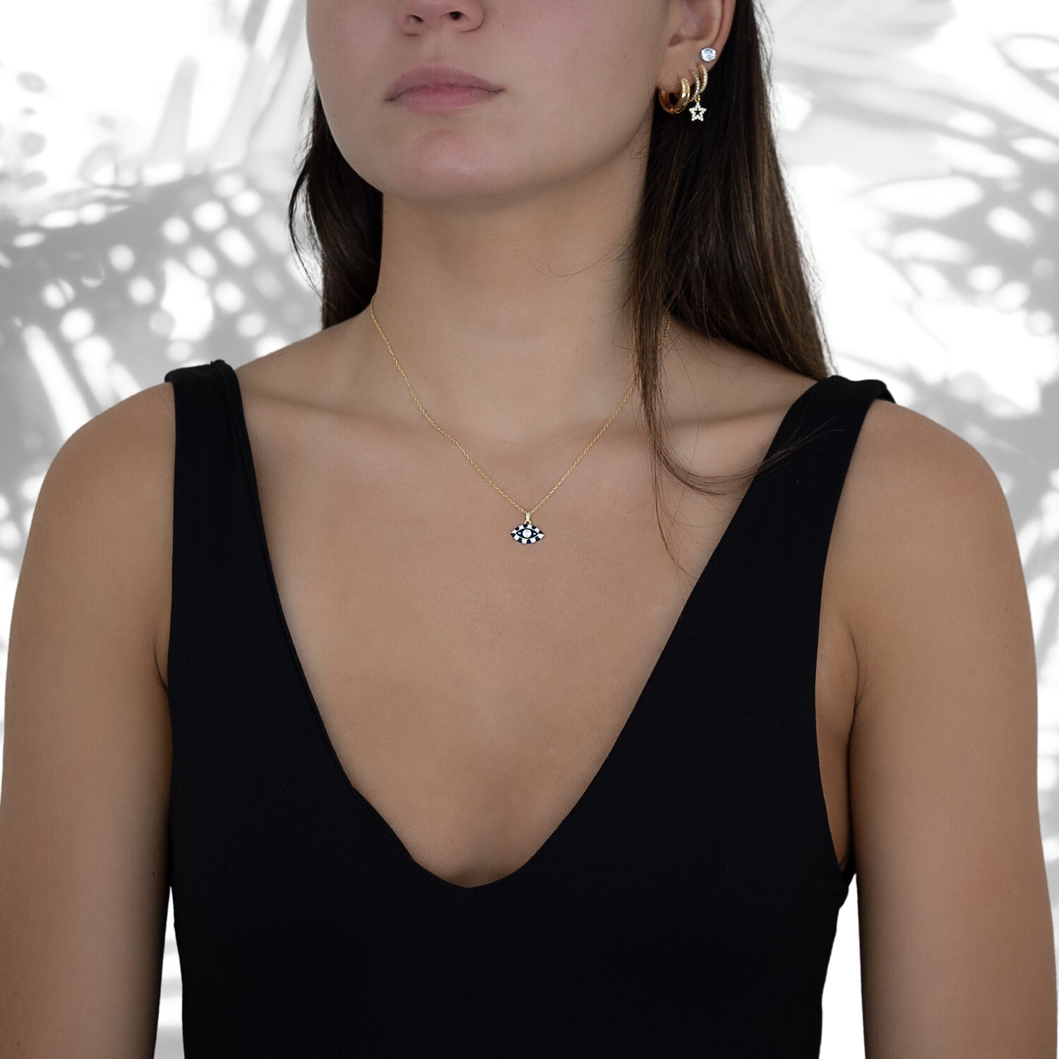 Evil Eye Design Enamel Pendant Necklace - Black