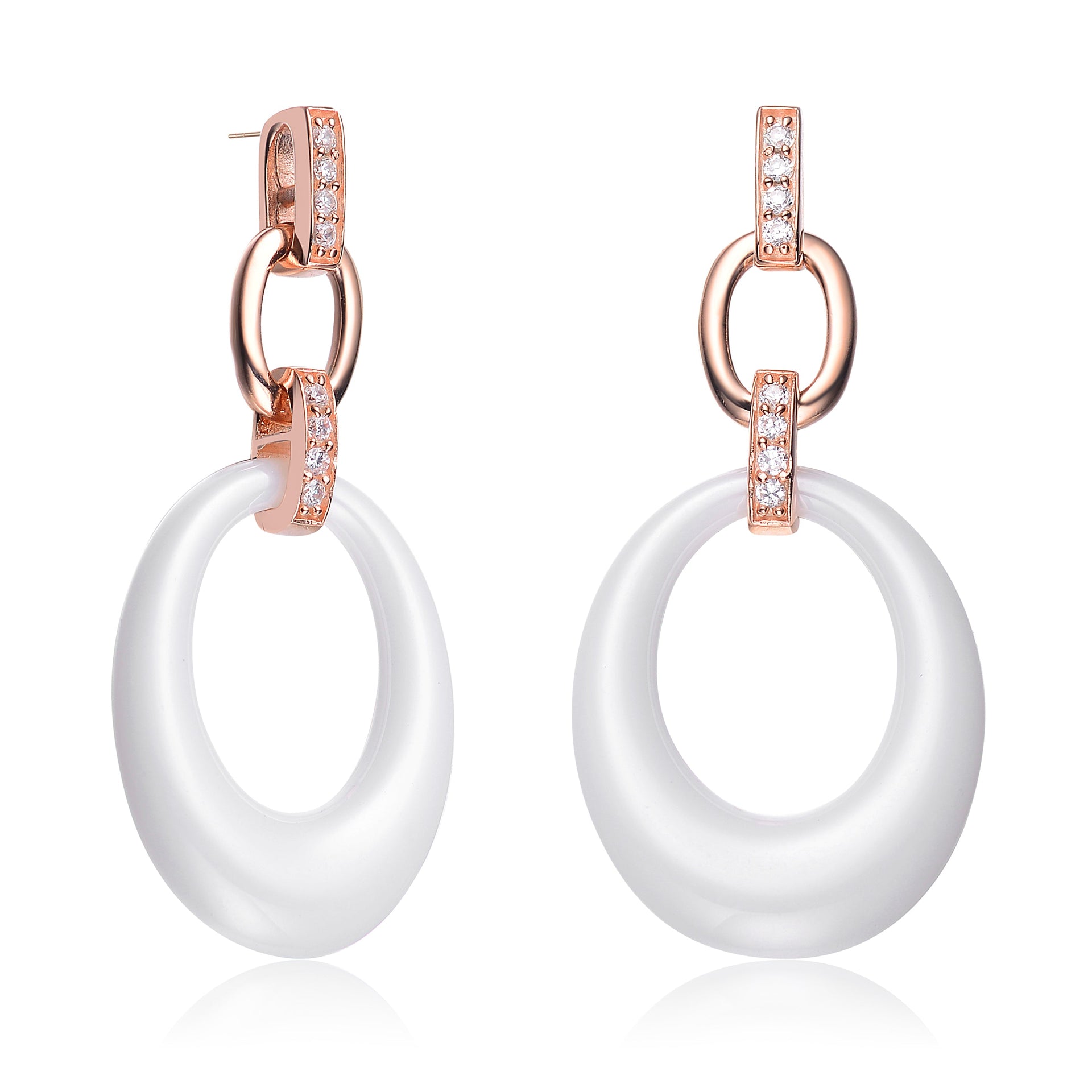 Rose Gold Plated With Clear Cubic Zirconia White Ceramic Oval Drop Earring