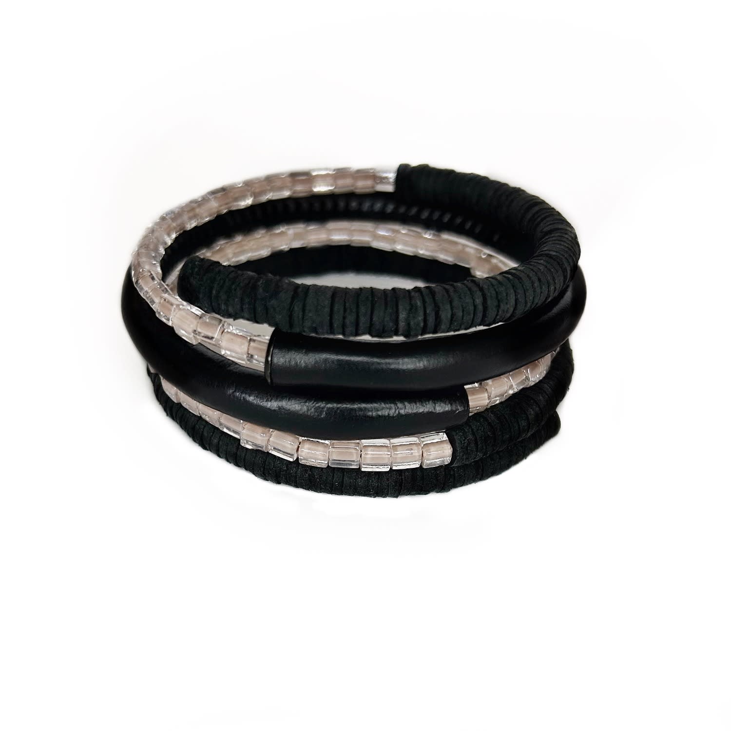 Black Coil Leather Bracelet With Beads