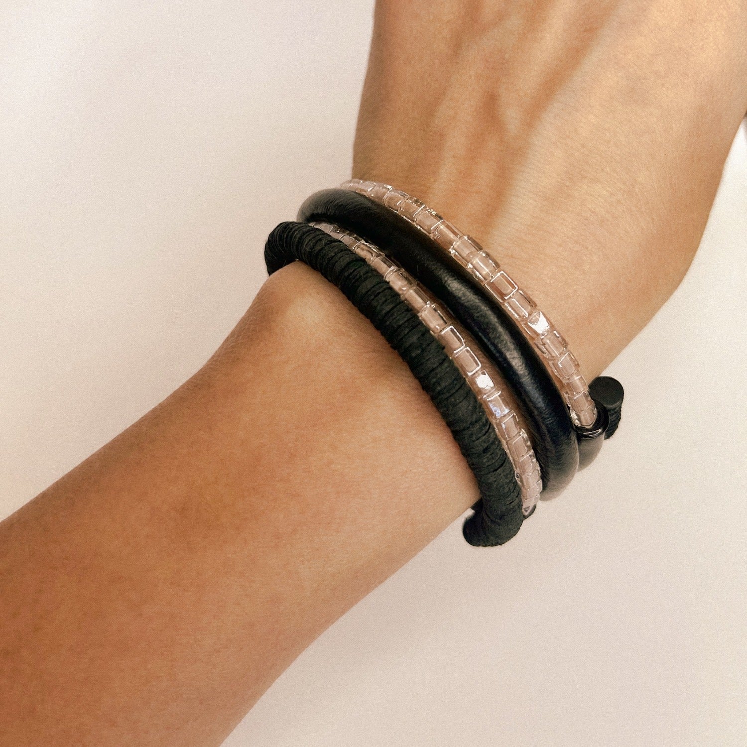 Black Coil Leather Bracelet With Beads