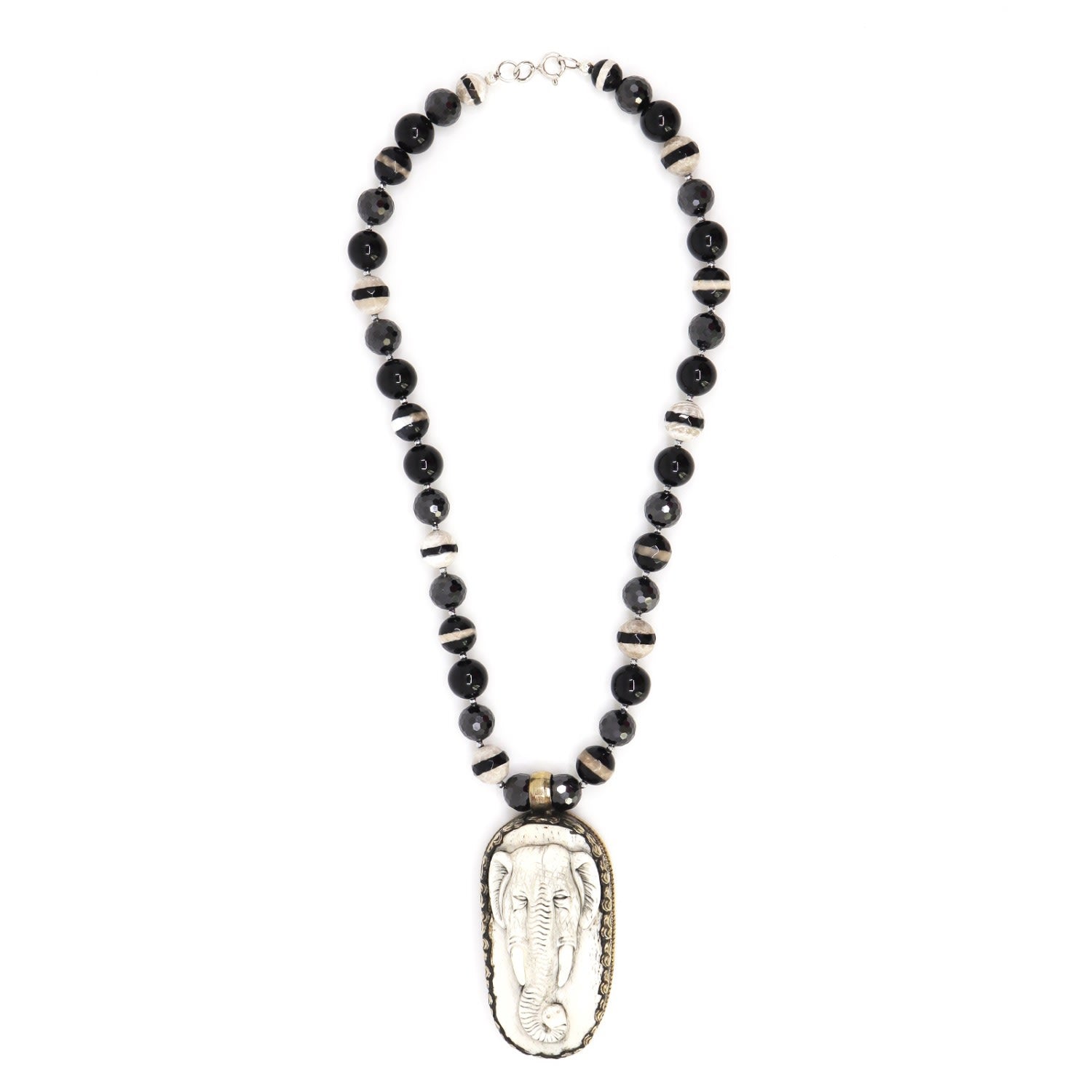 Black Cubic Zirconia, Onyx & Elephant Bone Pendant Beaded Necklace