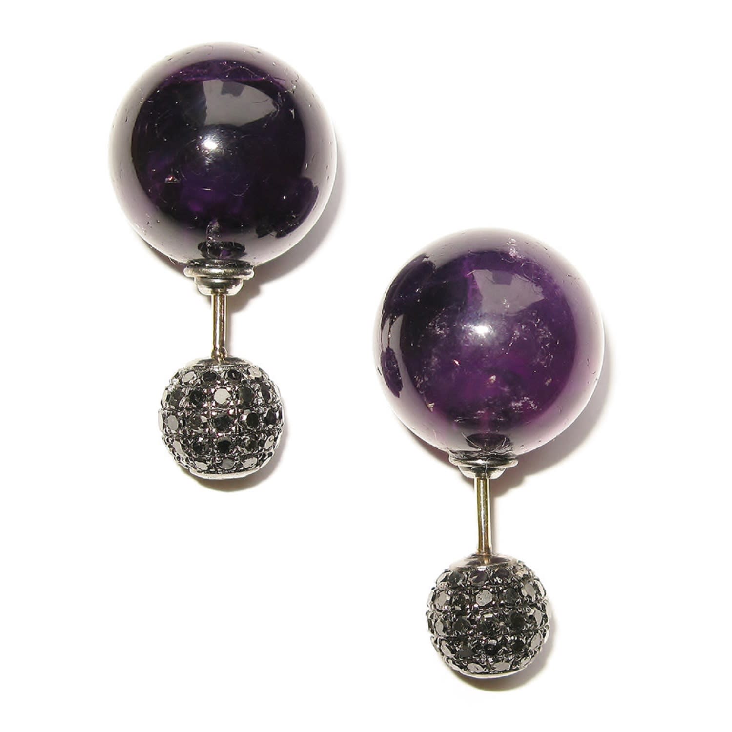 Black Diamond & Amethyst Double Side Tunnel Earrings In Yellow Gold