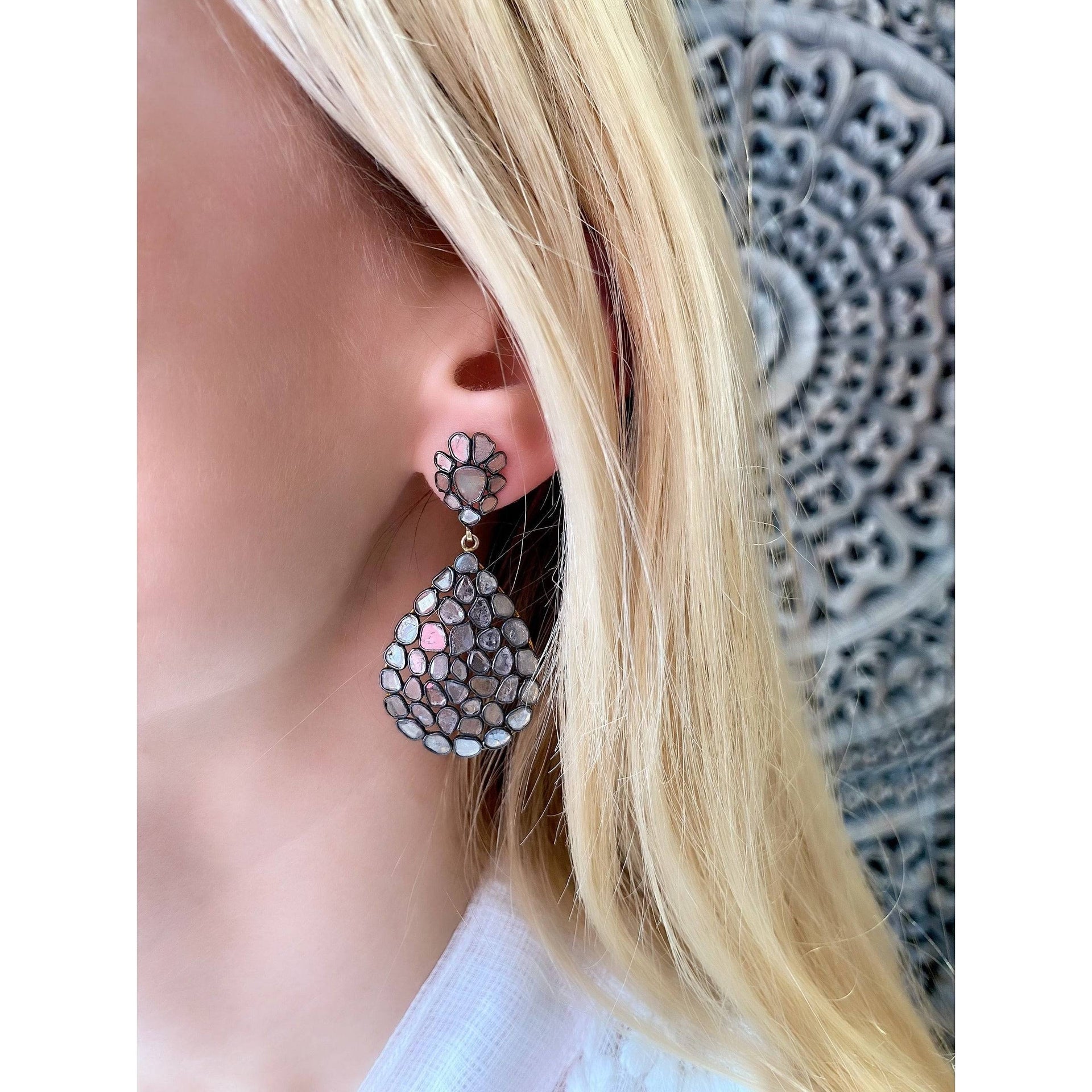 Black Diamond Rose Cut Jali Stud Earrings