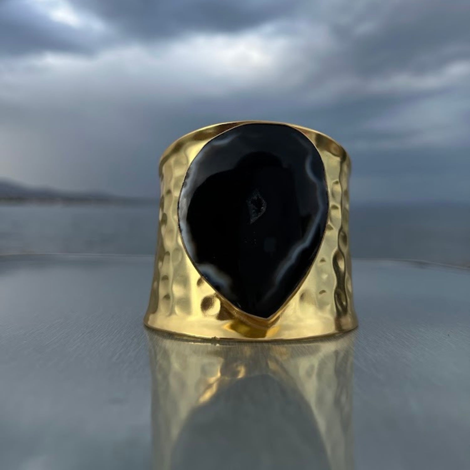 Black Drusy Agate Bangle - Cuff - One Of A Kind- Night Sky