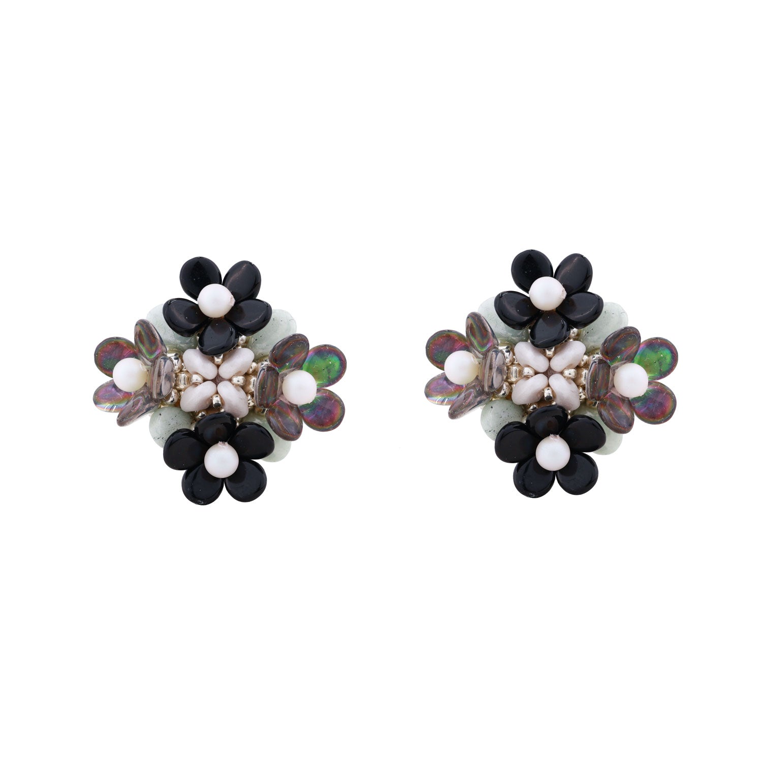 Black Ear Studs Beaded Flowers Earrings