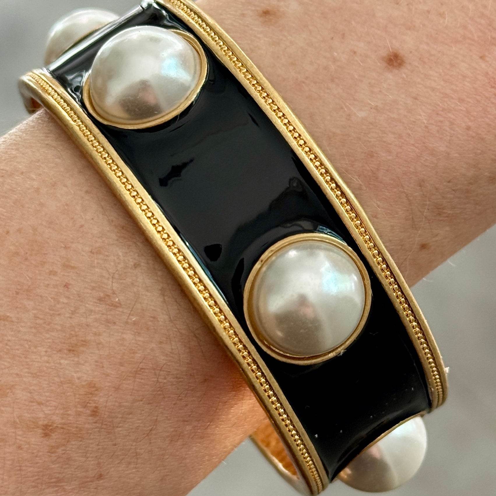 Black Enamel Faux Pearl Wide Gold Bangle