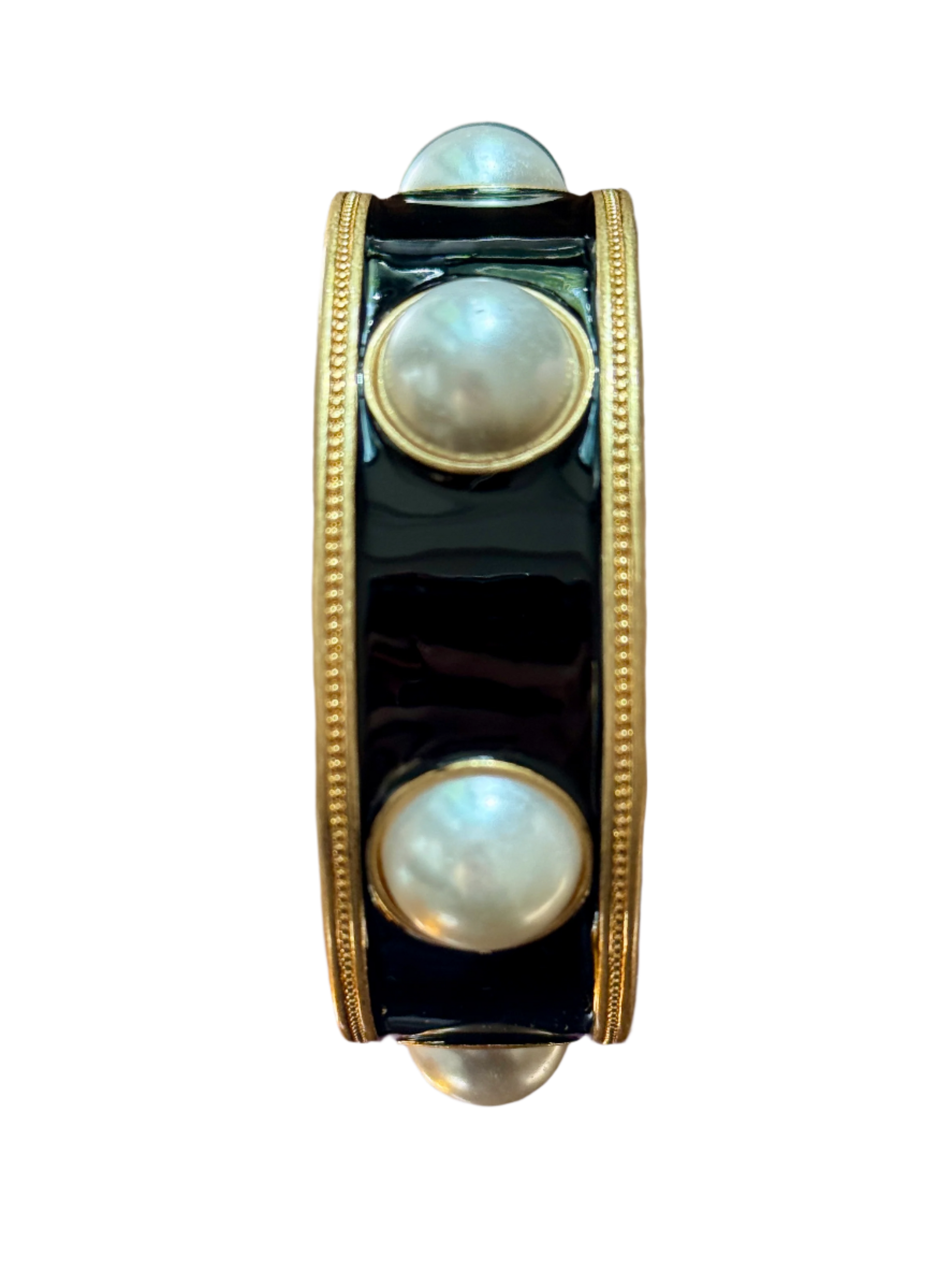 Black Enamel Faux Pearl Wide Gold Bangle