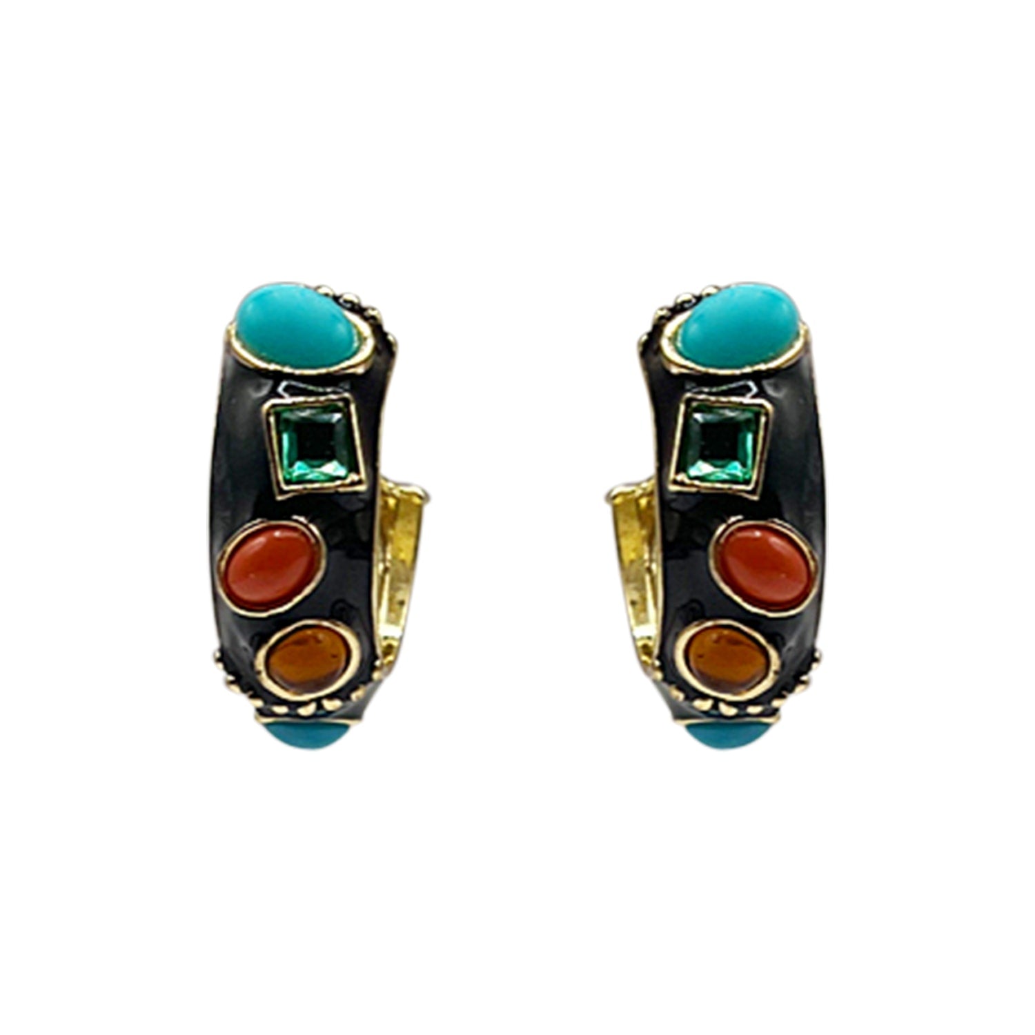 Black Enamel Multi Color Stone Pierced Hoops