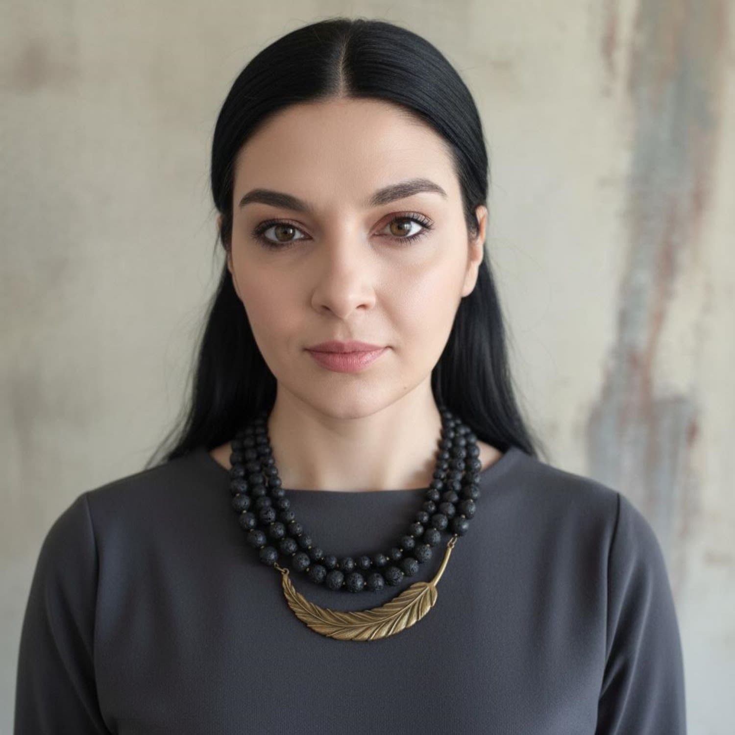 Black Lava Necklace With Brass Central Pendant