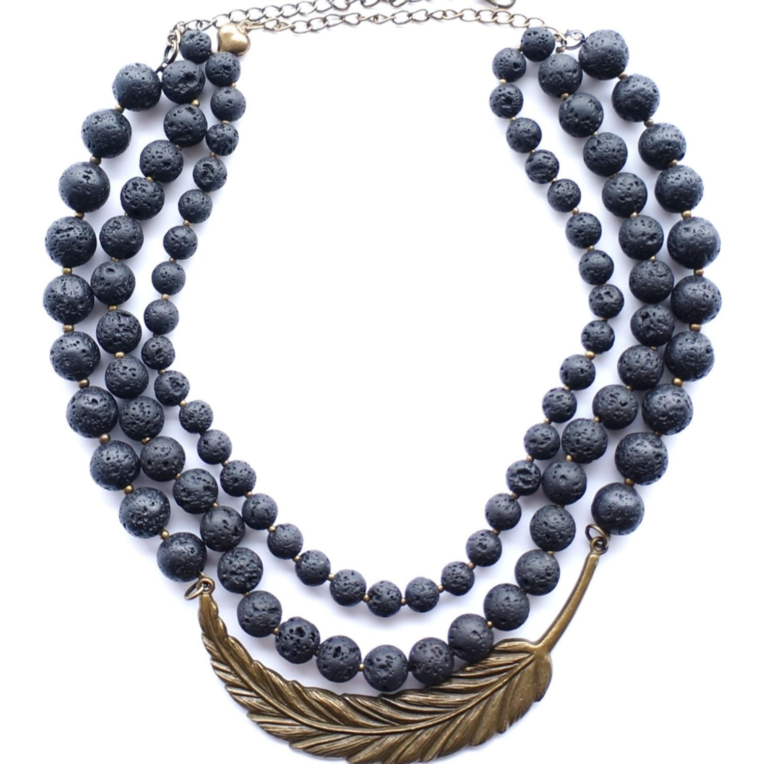 Black Lava Necklace With Brass Central Pendant