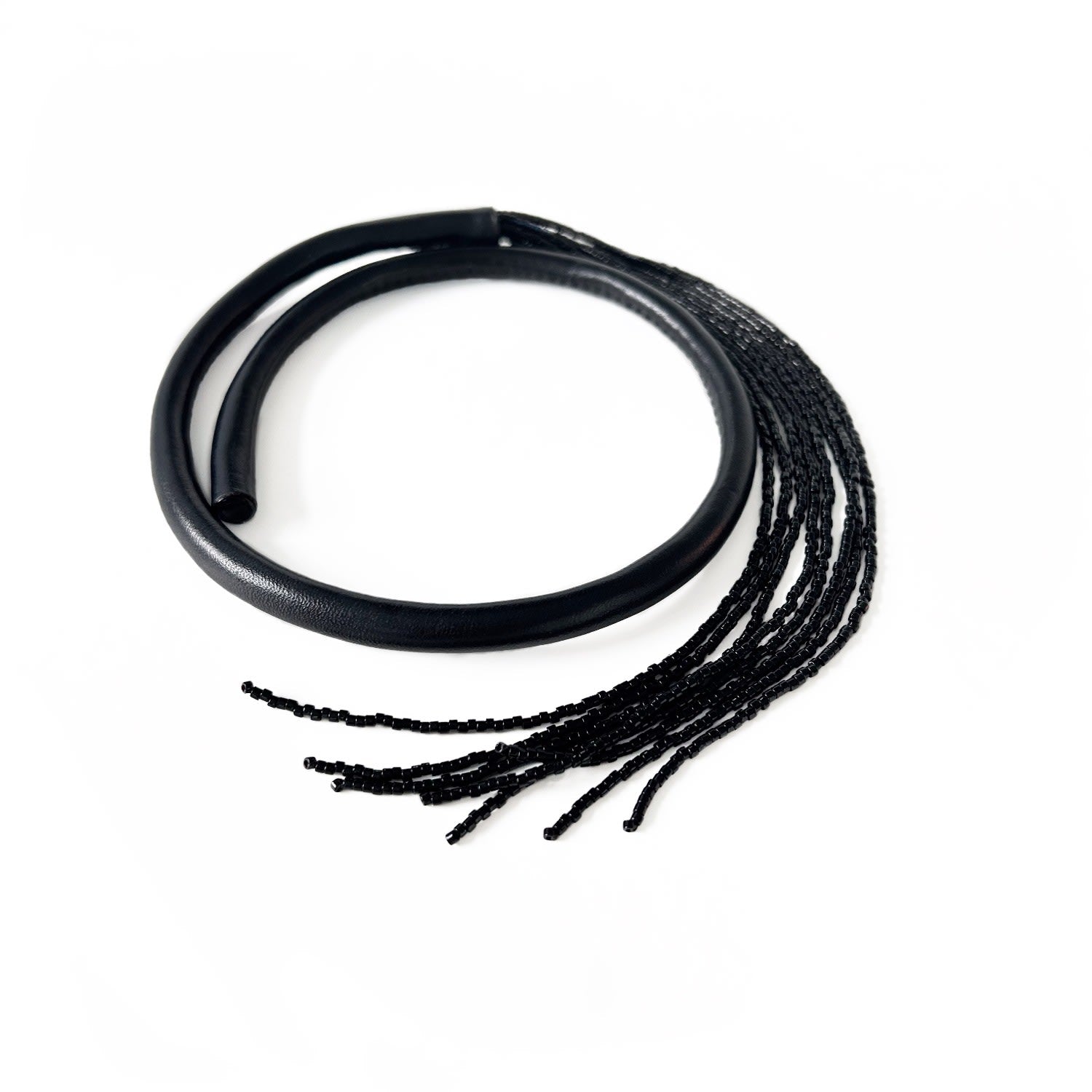 Black Leather Choker With Beaded Tassel