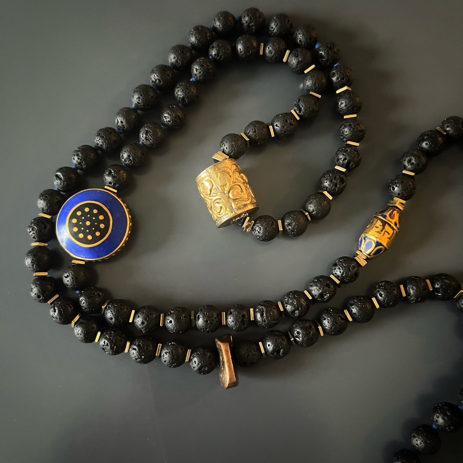 Nepal Gold & Gemstone Mantra Pendant Black Beaded Spiritual Necklace - Black