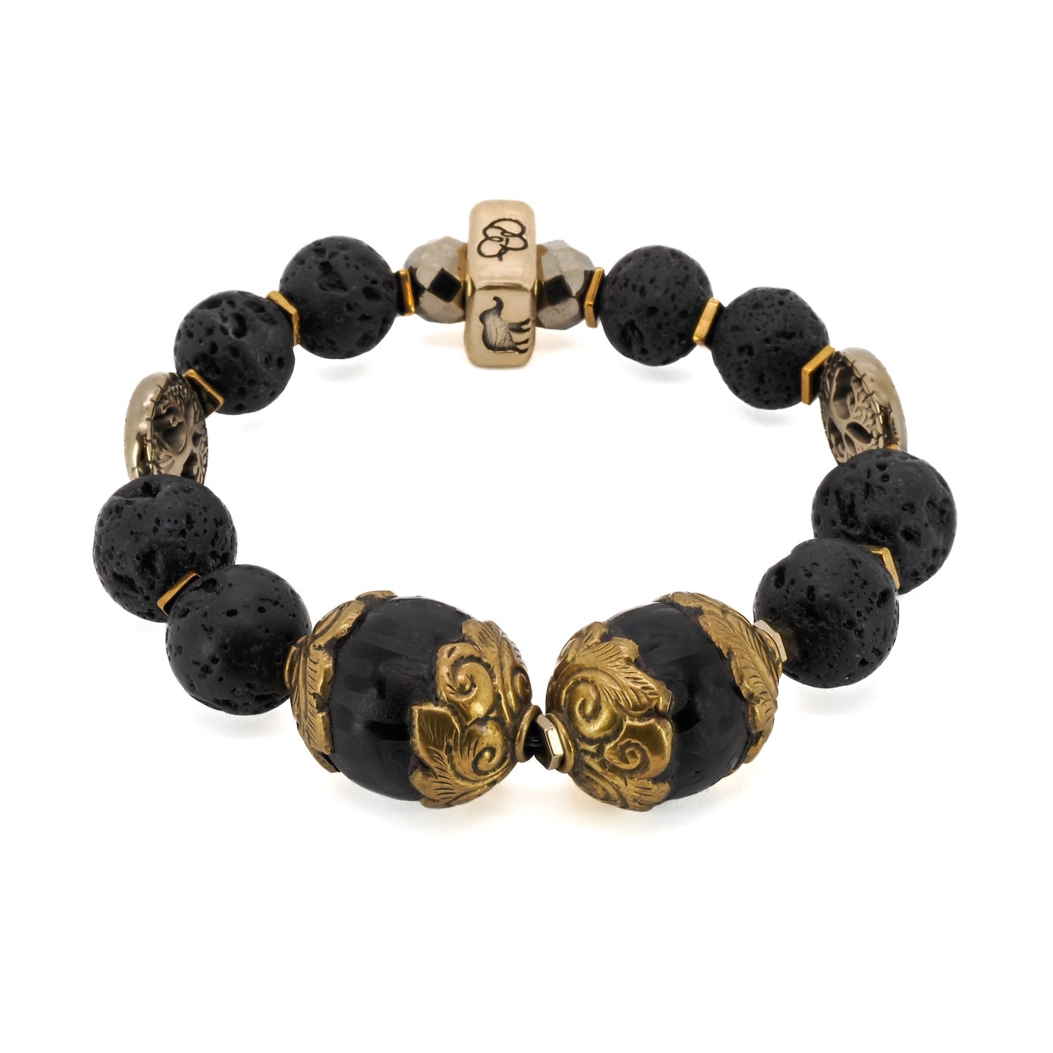 Chunky Nepal Beads Black Lava Beaded Bracelet - Gold