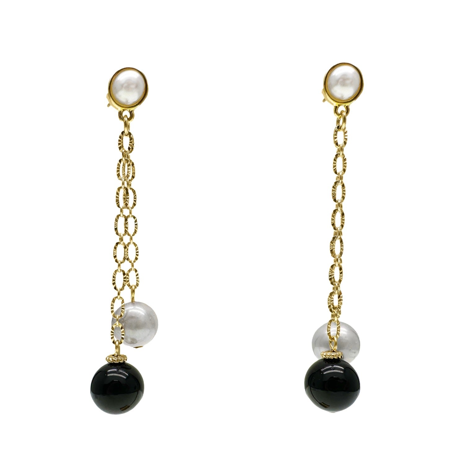 Black Obsidian And Grey Freshwater Pearls Drop Earrings