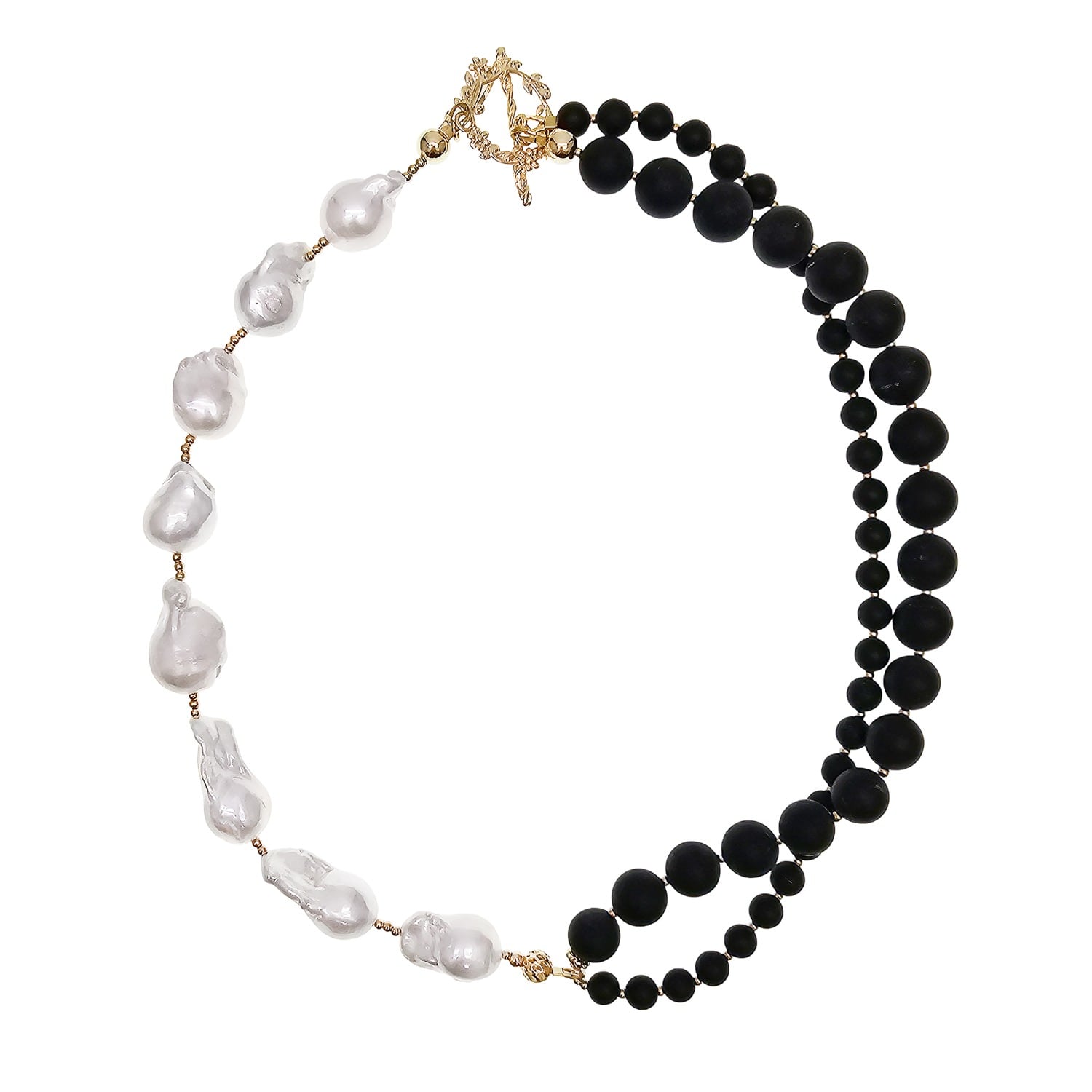 Black Obsidian And White Baroque Pearls Necklace