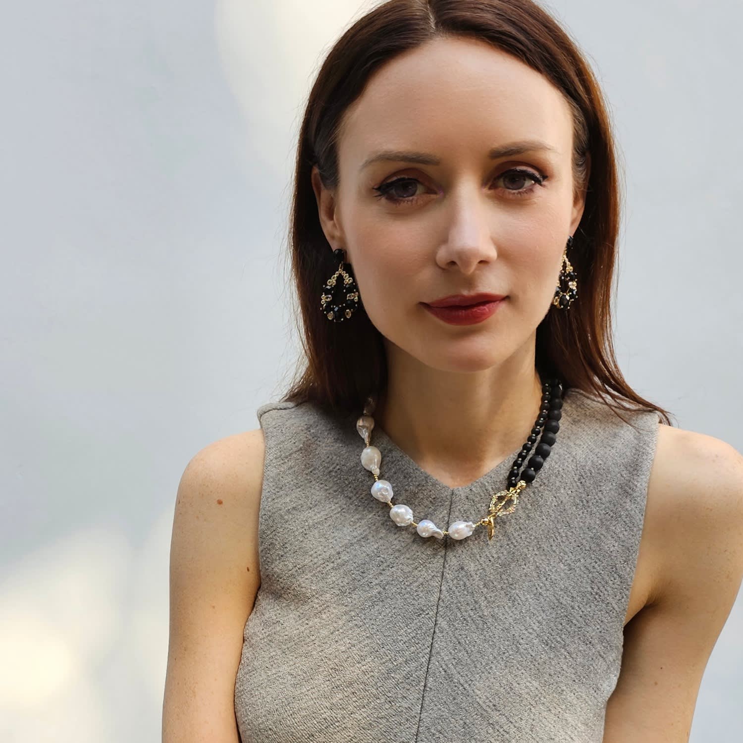 Black Obsidian And White Baroque Pearls Necklace