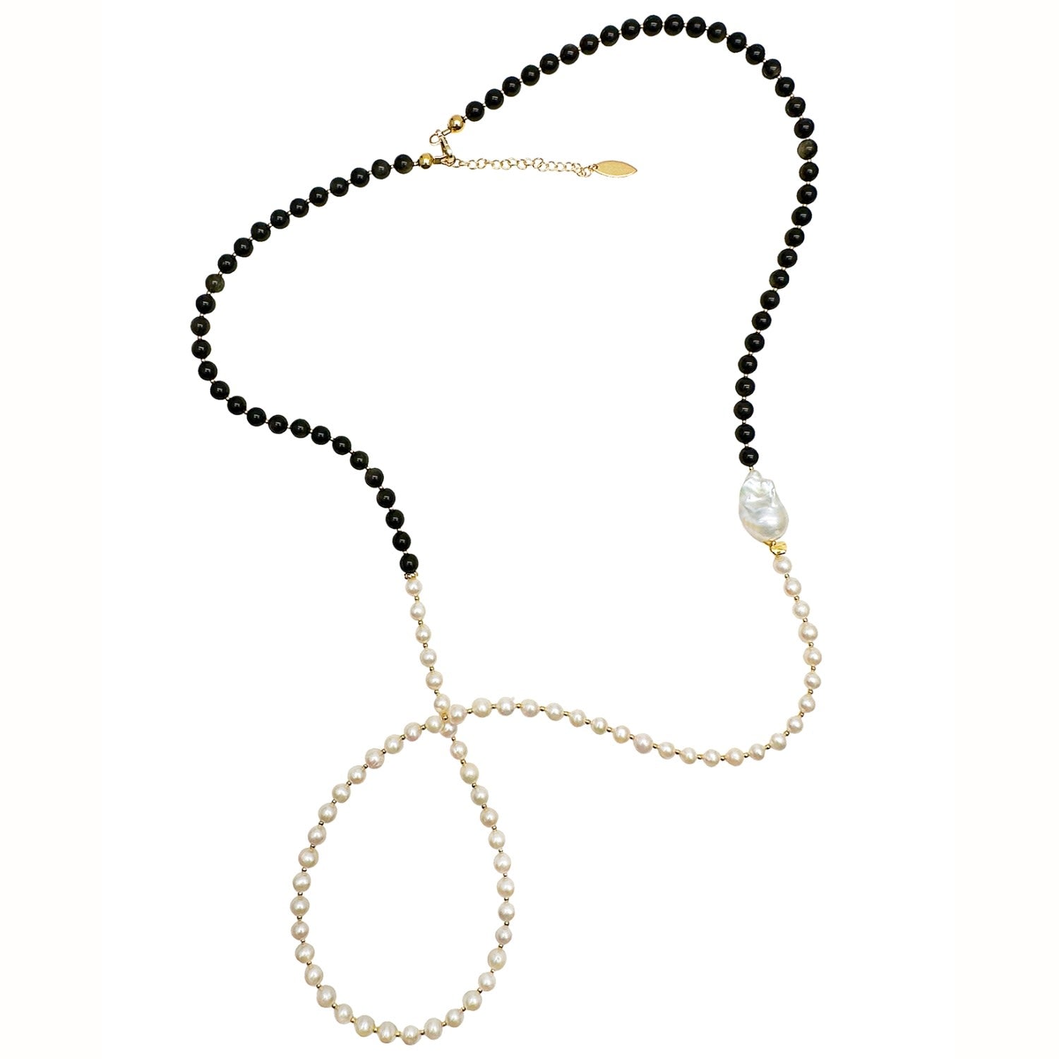 Black Obsidian And White Freshwater Pearls Long Necklace